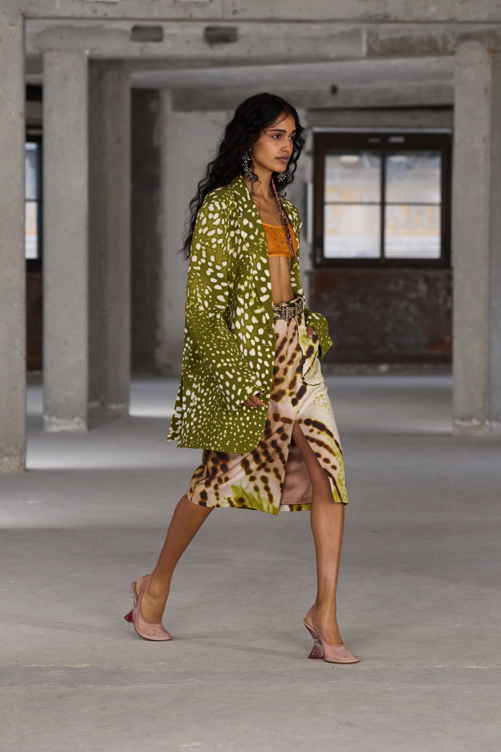beige silk slit fitted printed midi skirt