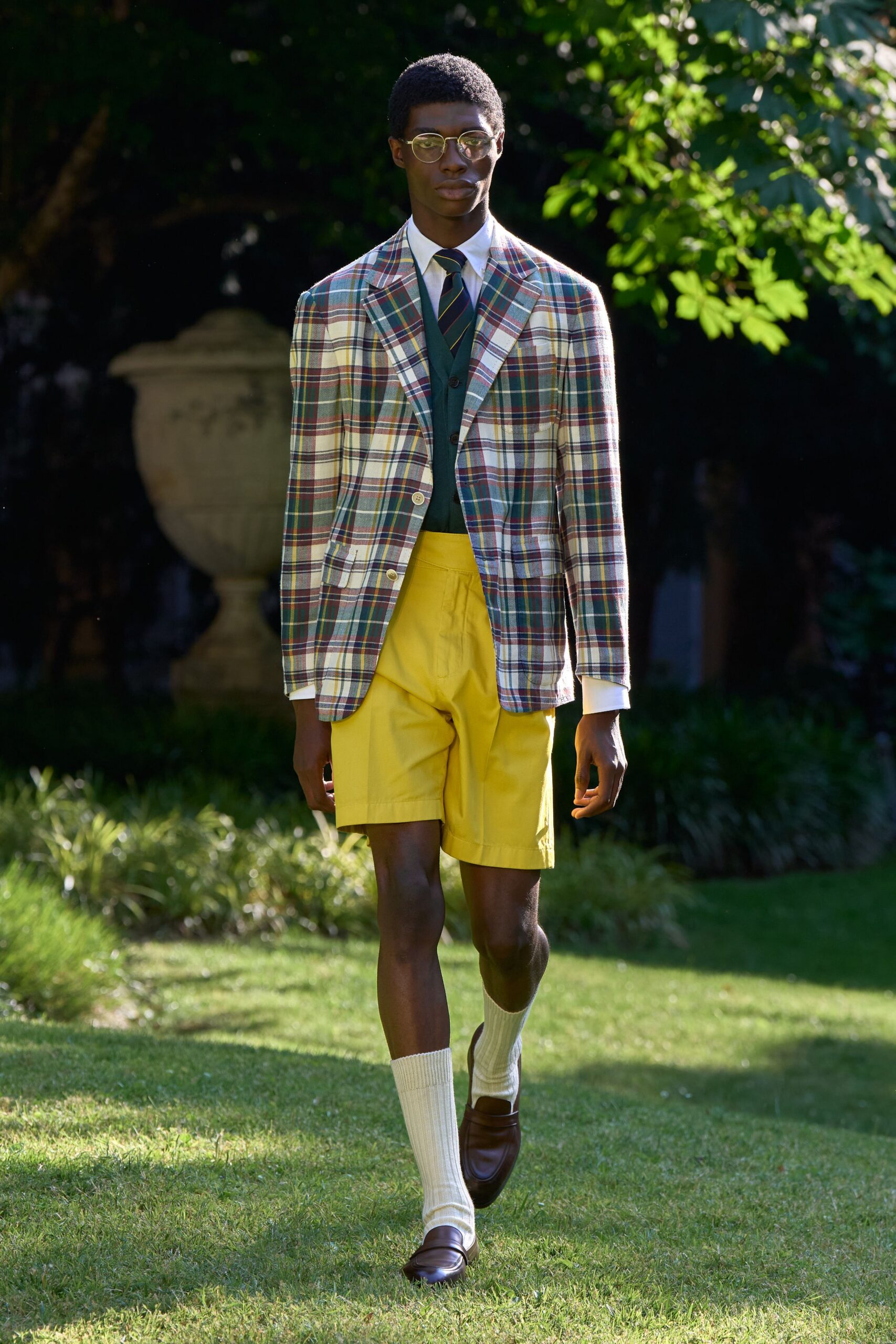 multi checked blazer with yellow shorts