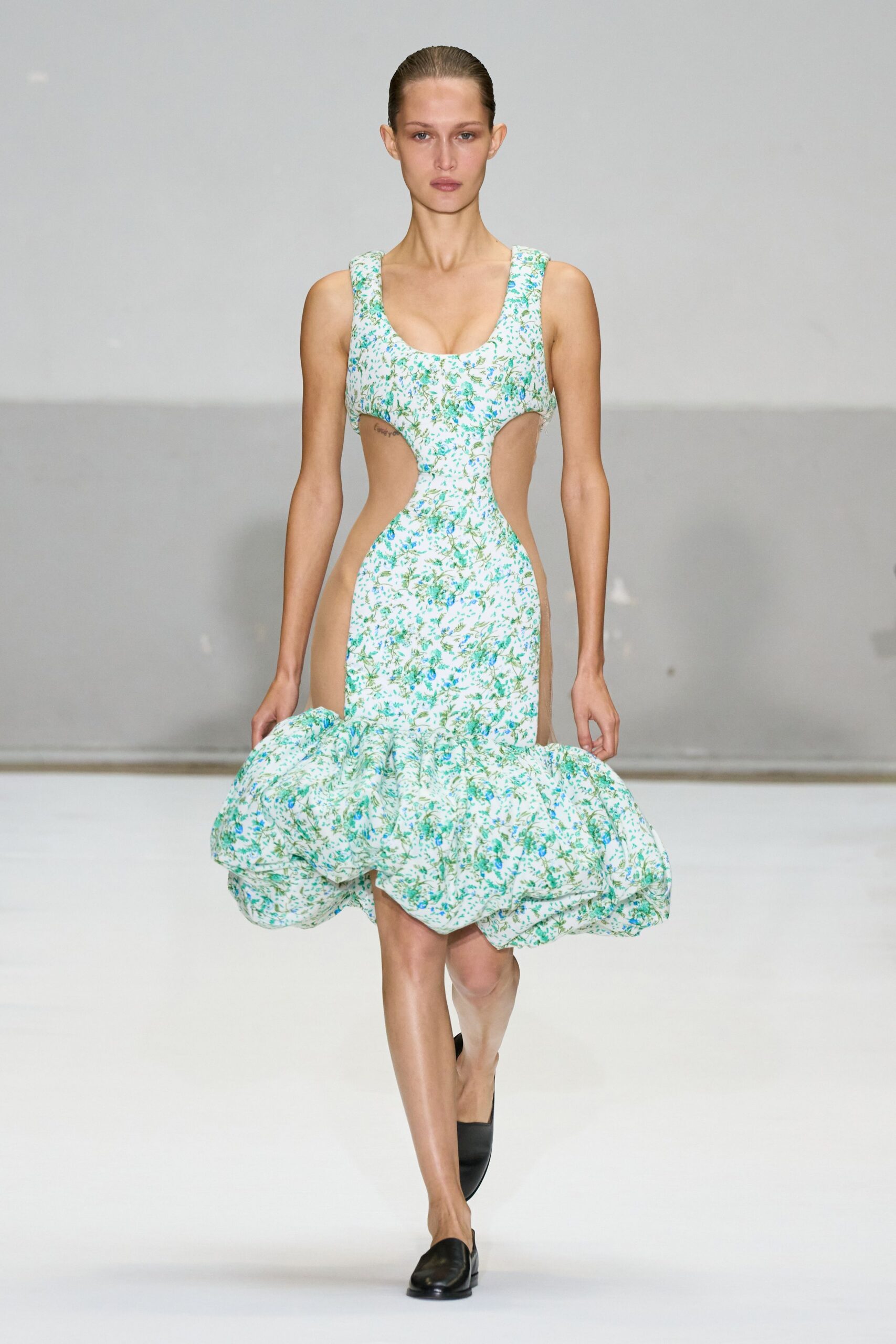 green and white flared dress