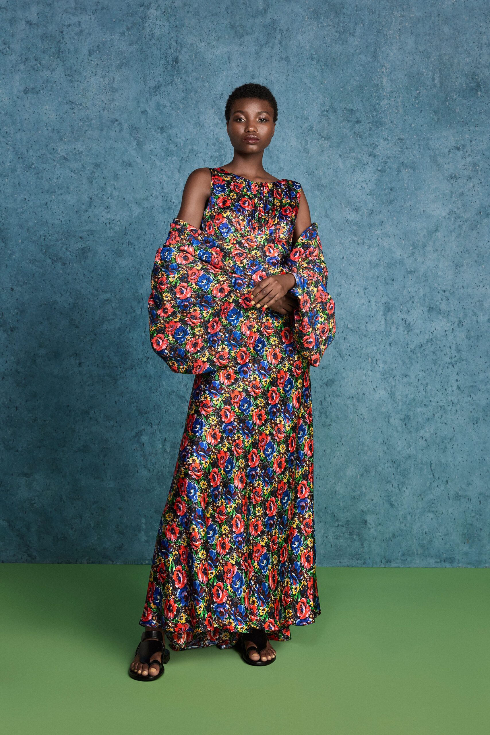 multi silk sleeveless high-neck fitted floral flared gown