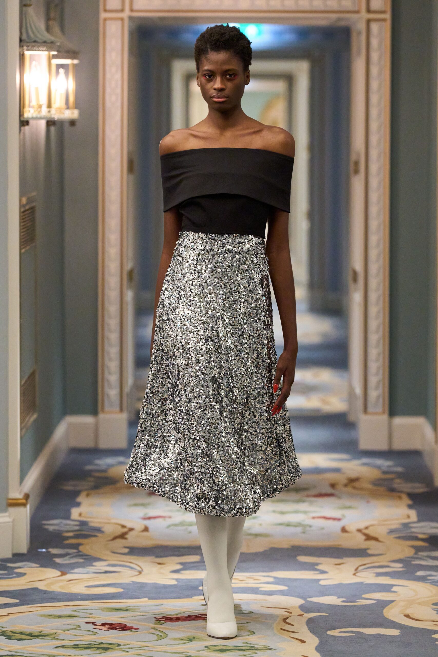 gray sequin fitted pleated shiny midi skirt