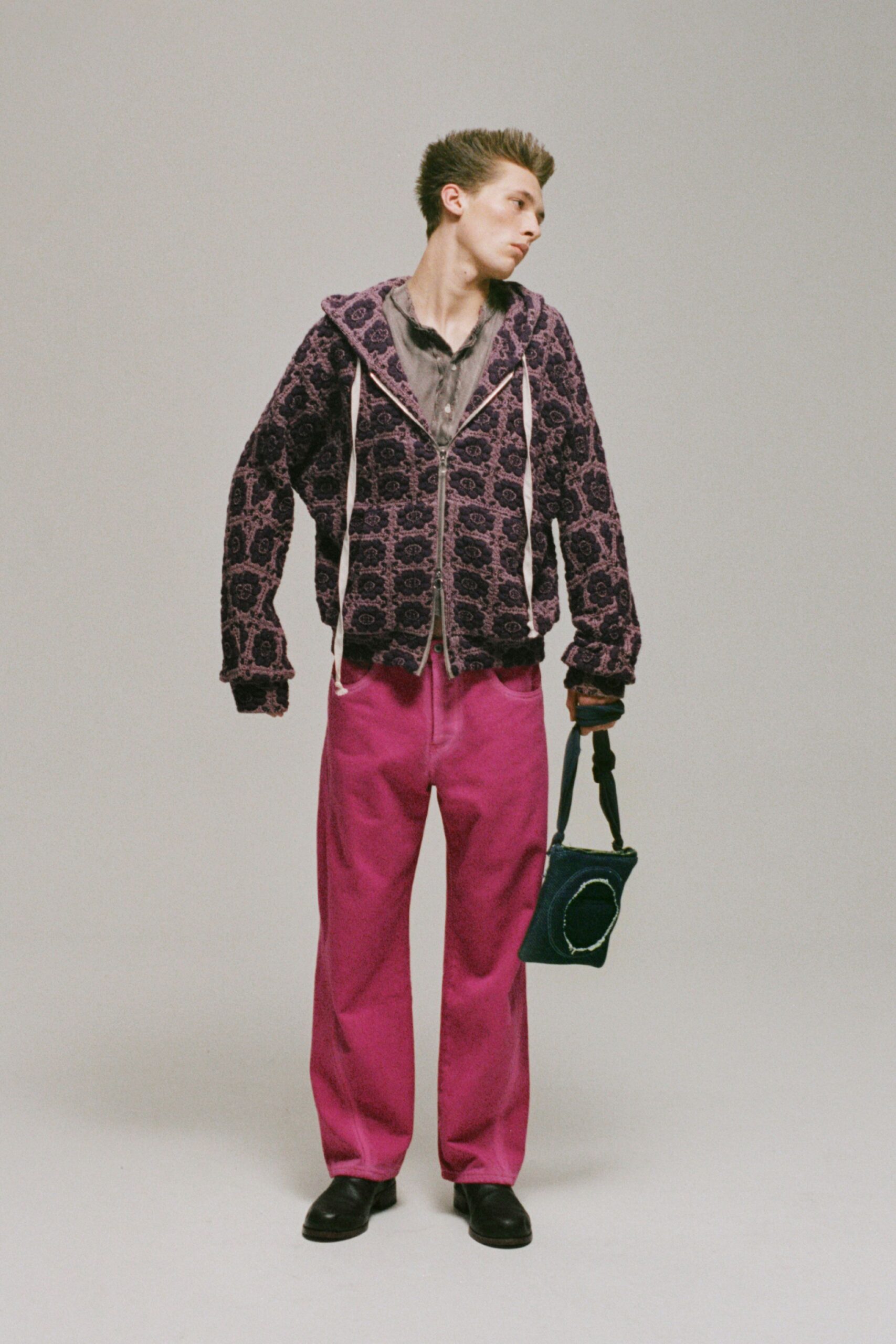 purple printed hoodie with pink pants