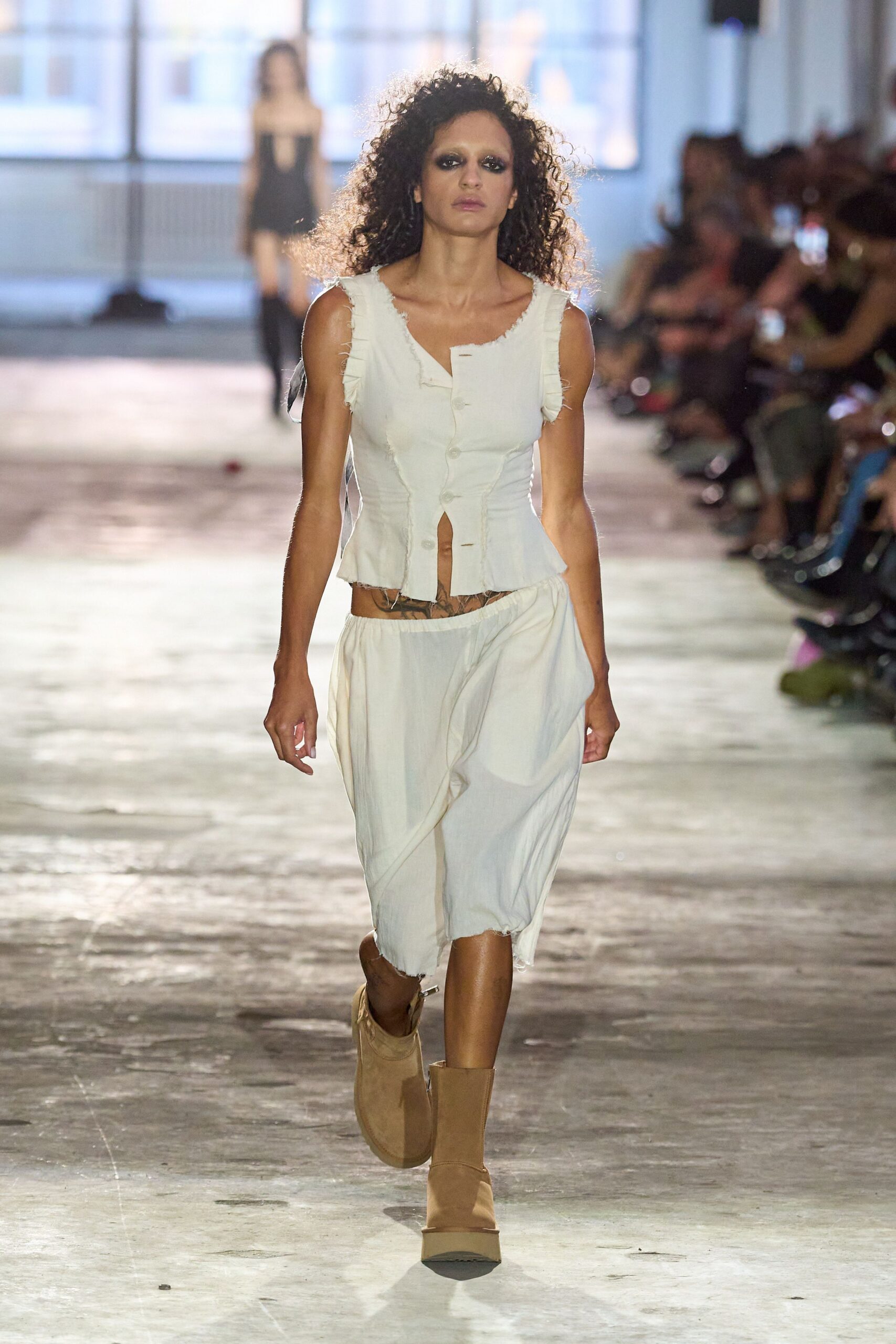 white cotton sleeveless collared fitted ruffled top