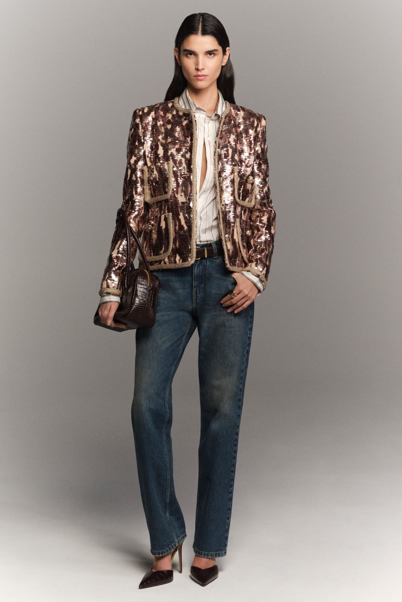 gold sequin long-sleeve collared structured buttoned pockets jacket