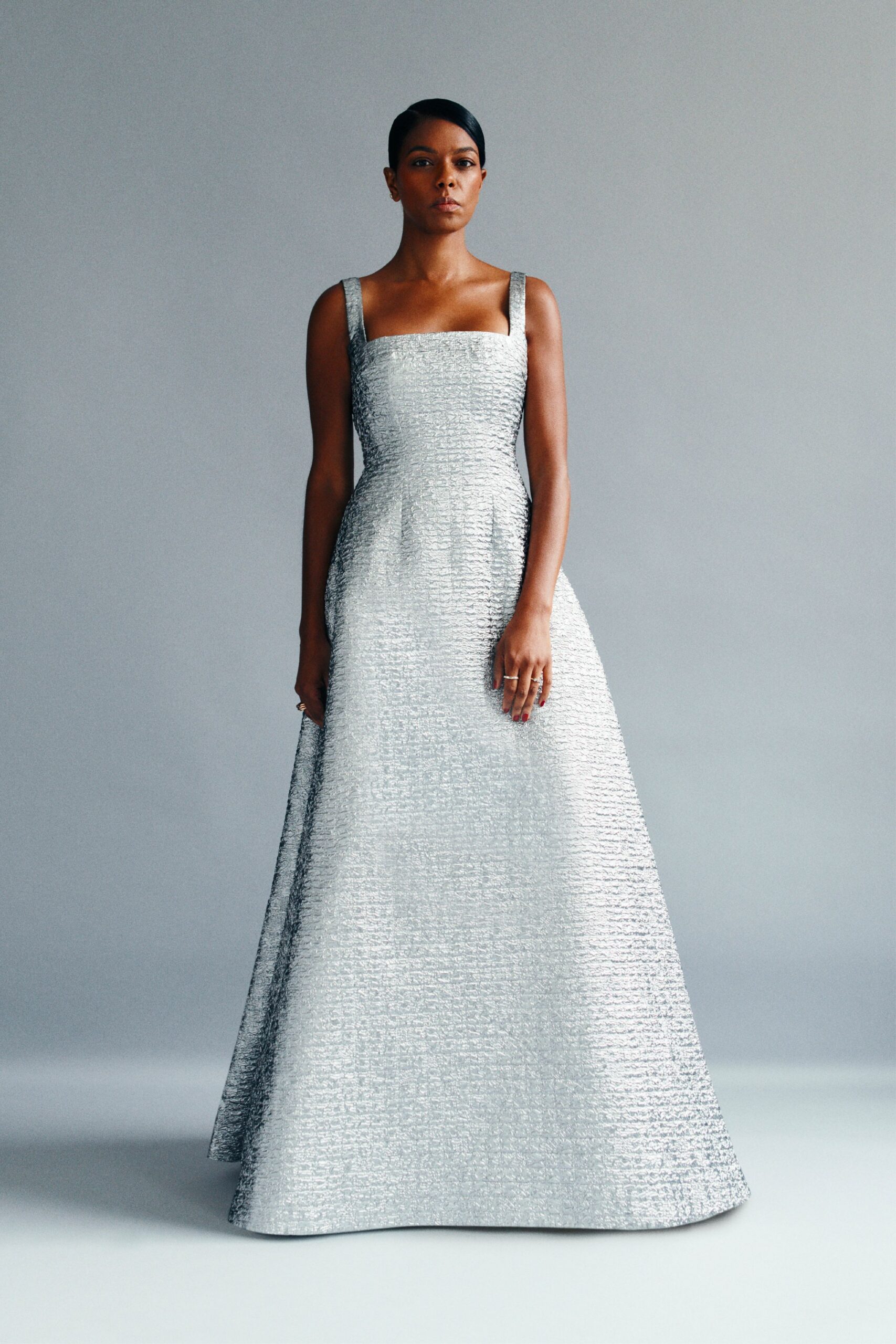silver silk sleeveless gown