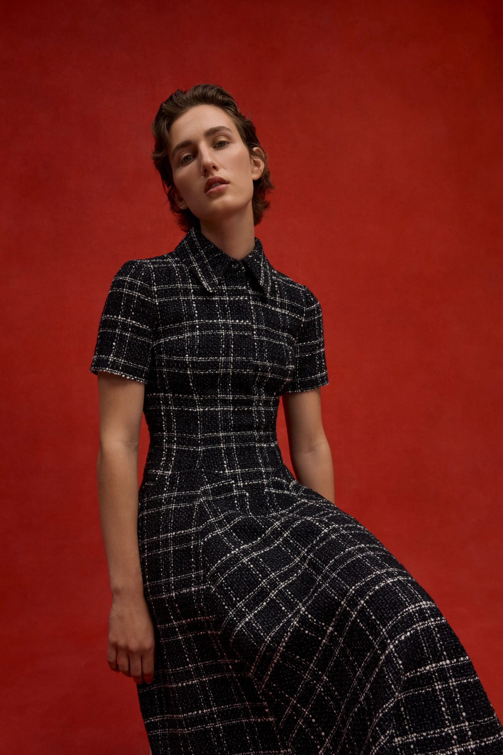 black and white checked midi dress