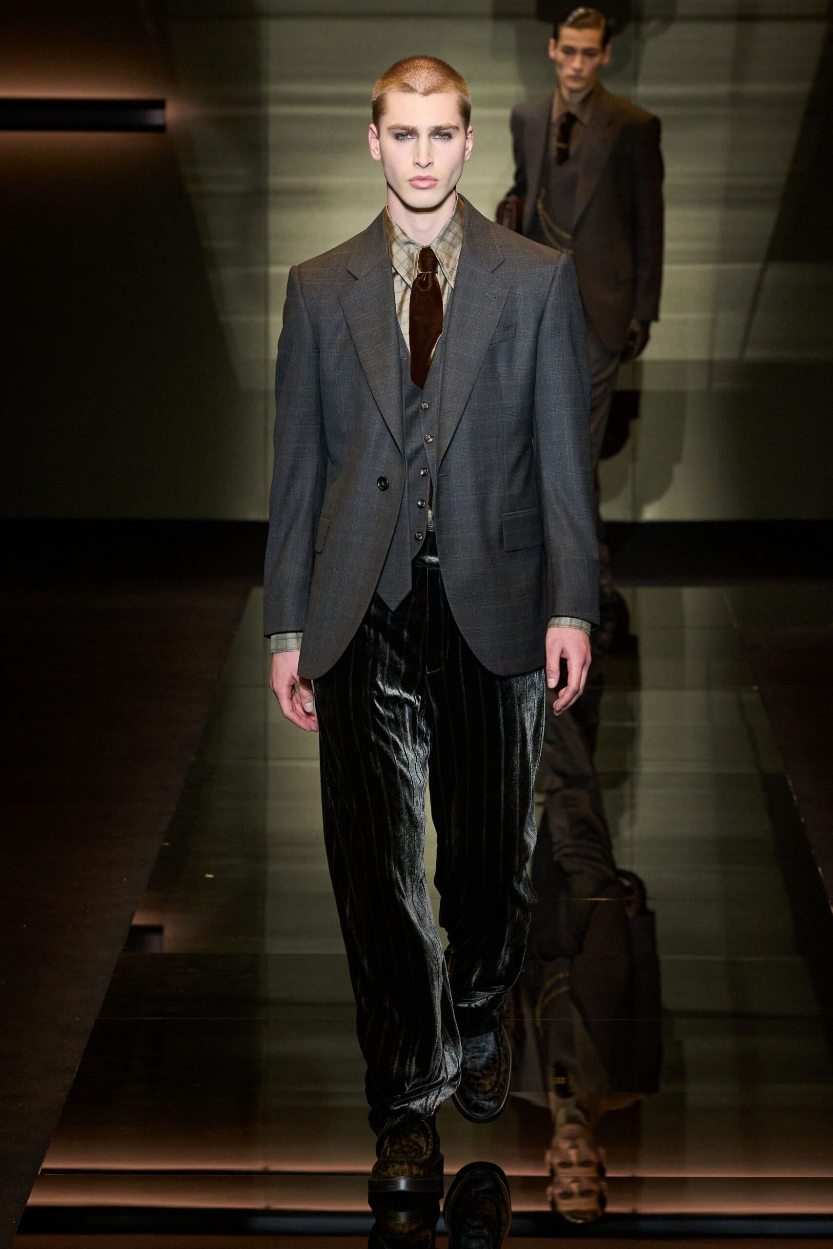 gray tailored suit with velvet pants