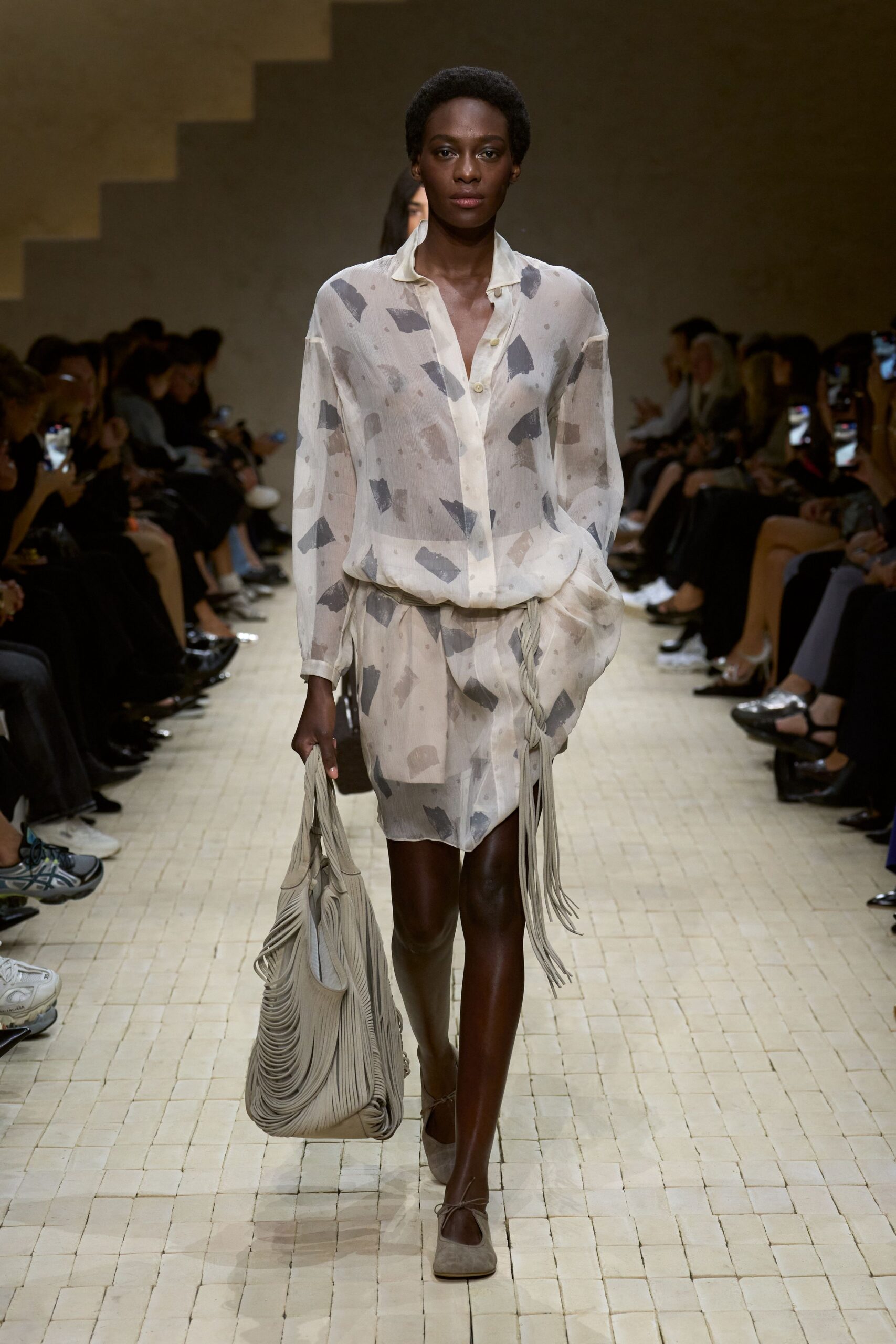 beige silk long-sleeve collared relaxed printed layered dress