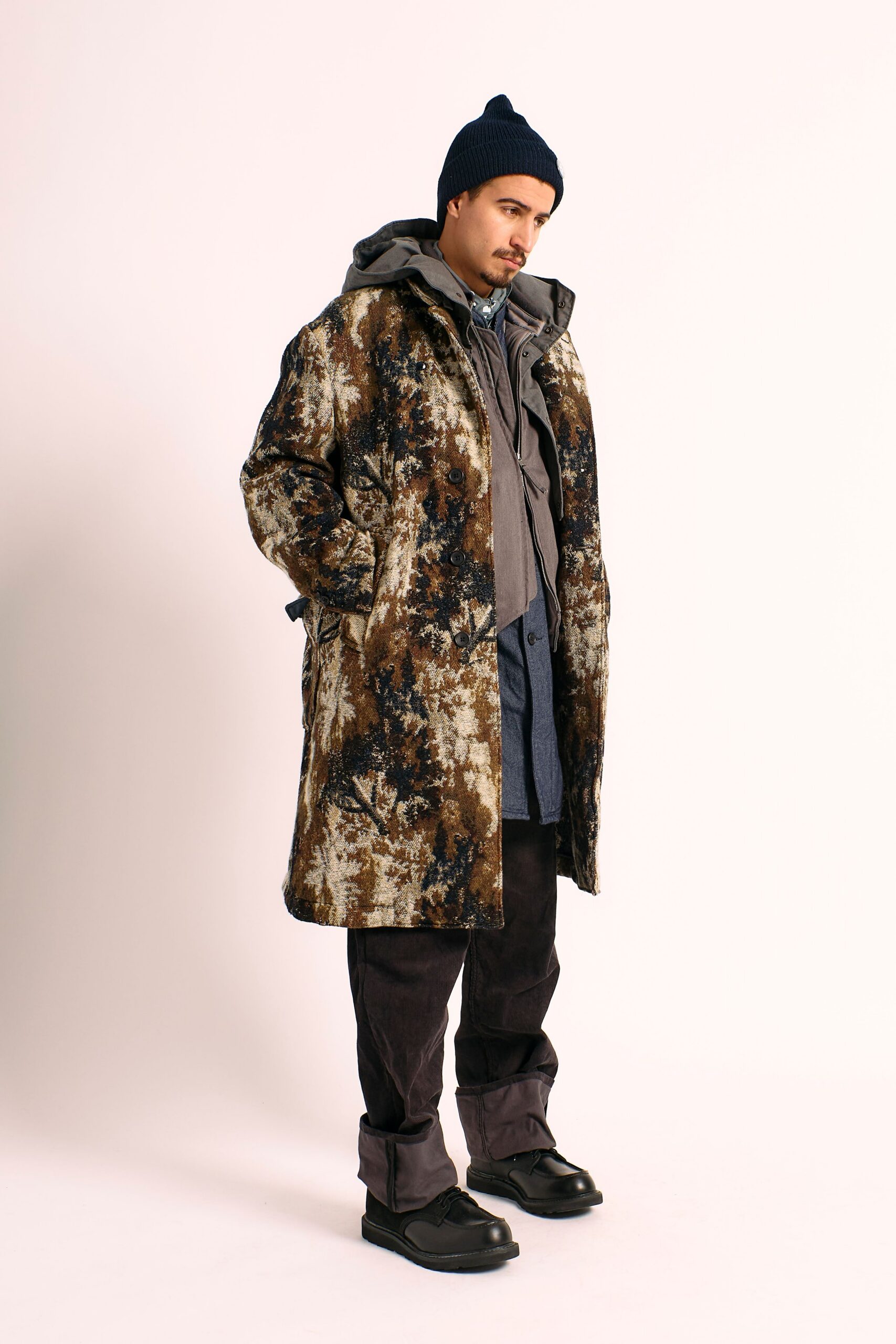 brown faux-fur relaxed printed coat
