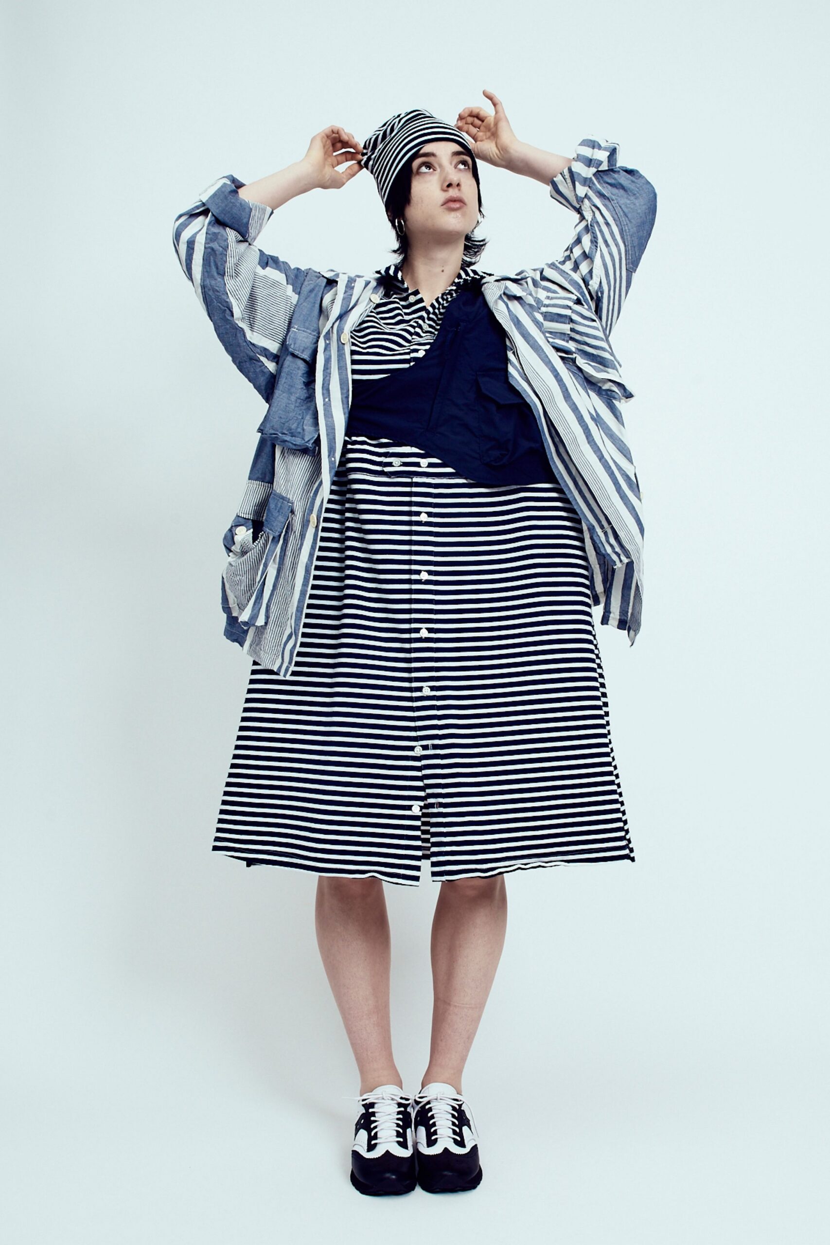 striped jacket and midi skirt