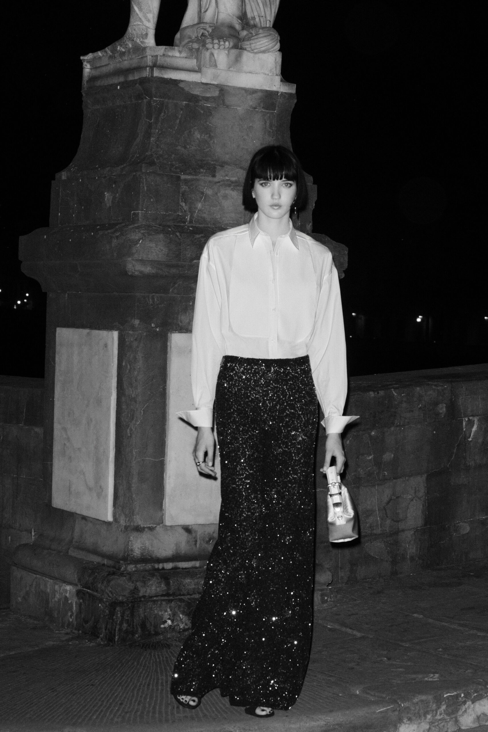 white shirt black sequin skirt