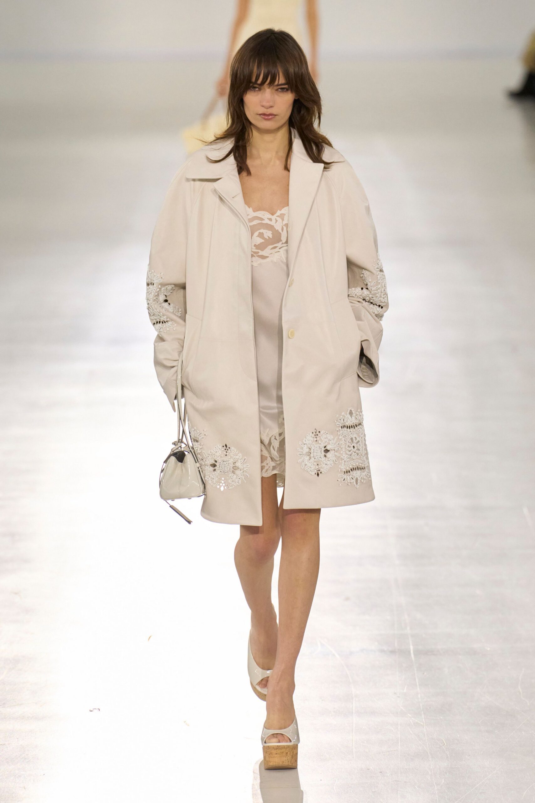 white relaxed coat beige dress