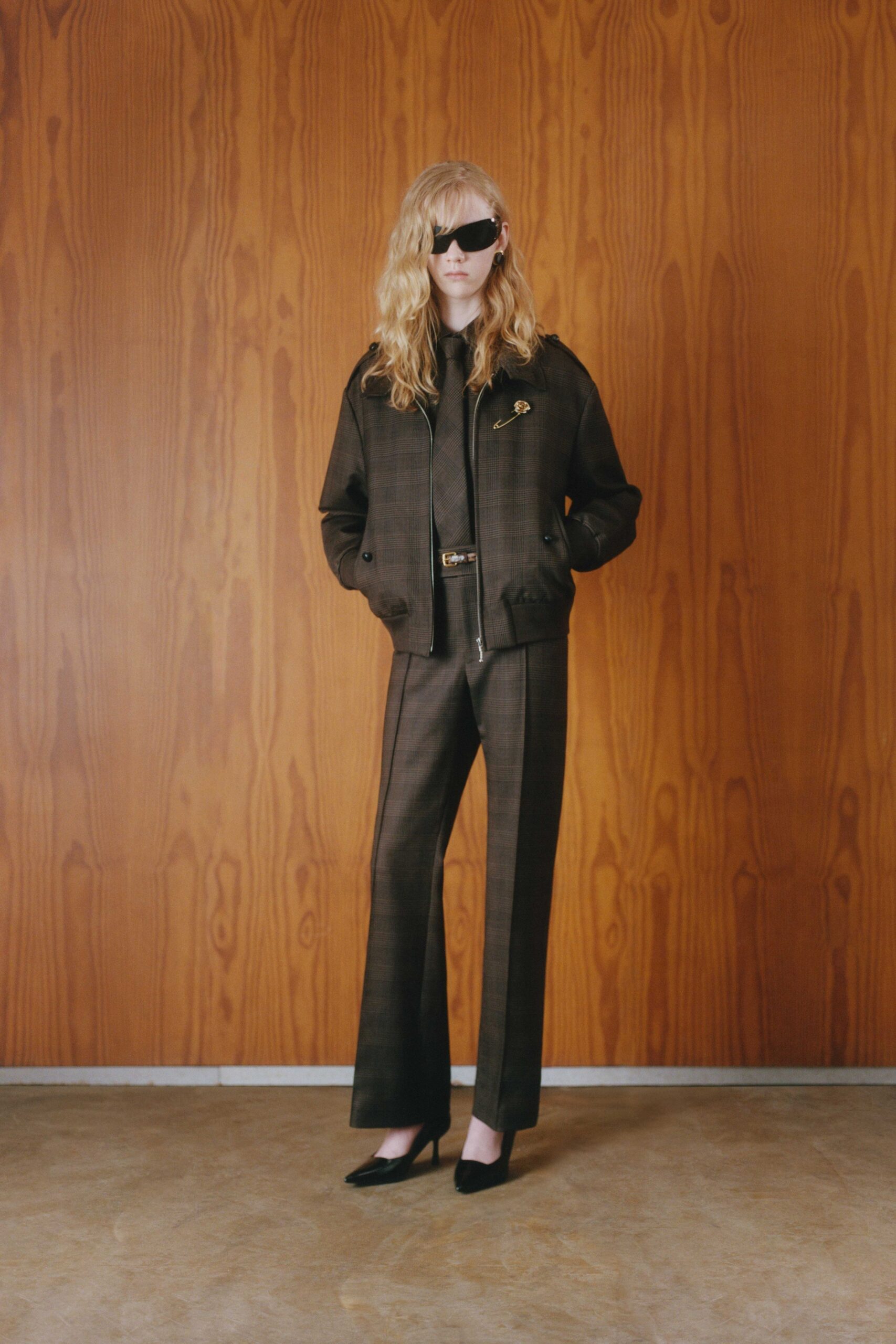 brown checked jacket and tailored pants