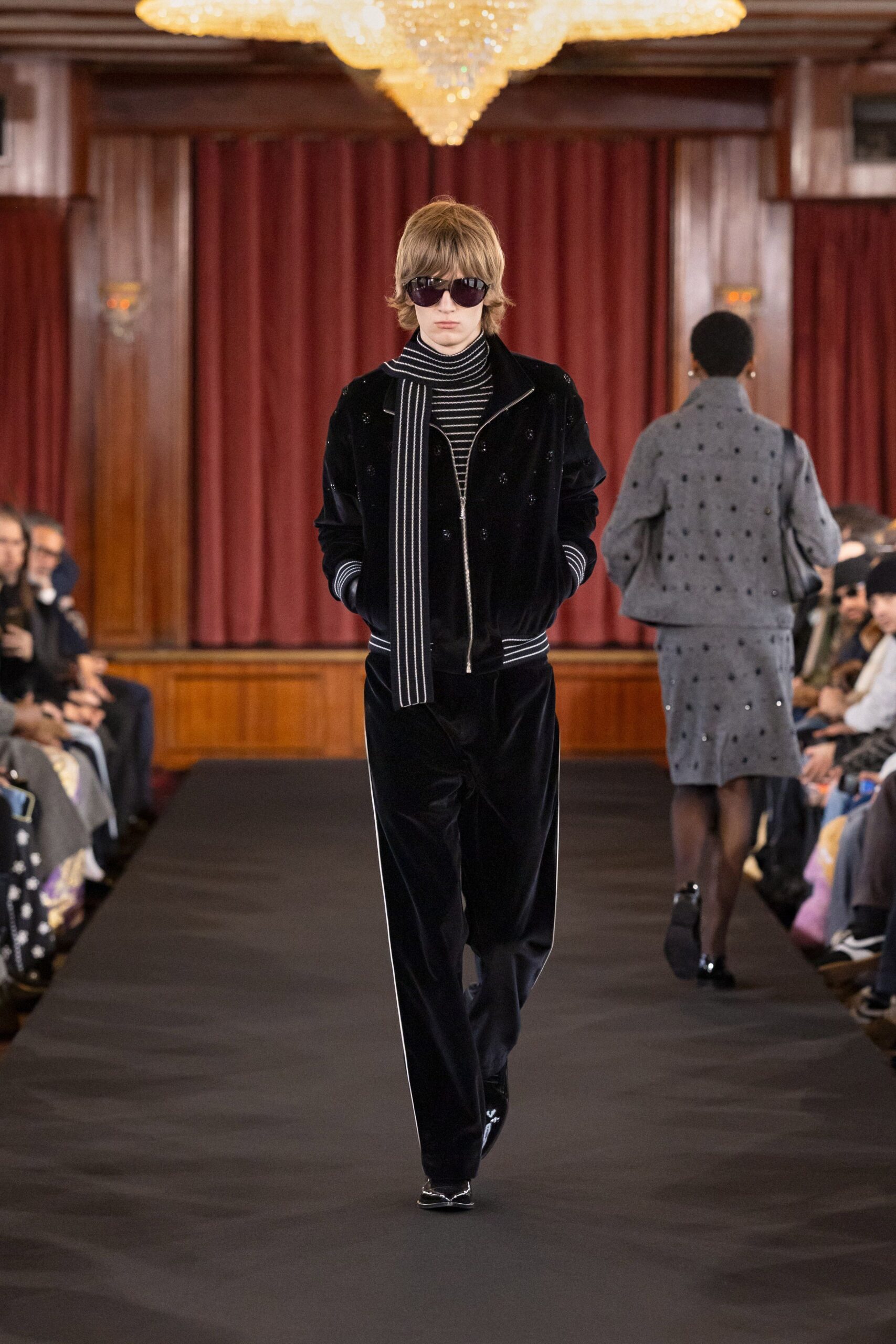 black velvet jacket with striped top