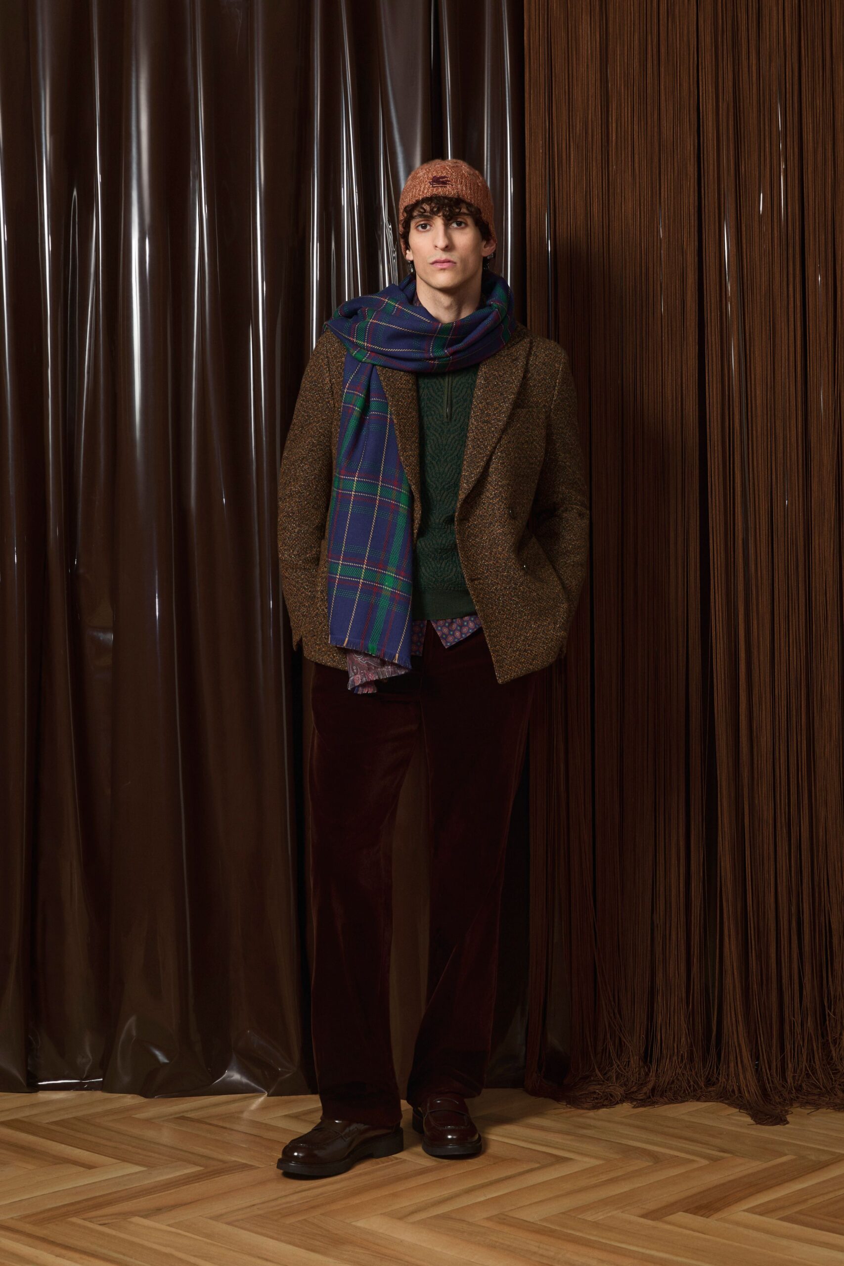brown tweed blazer with green sweater