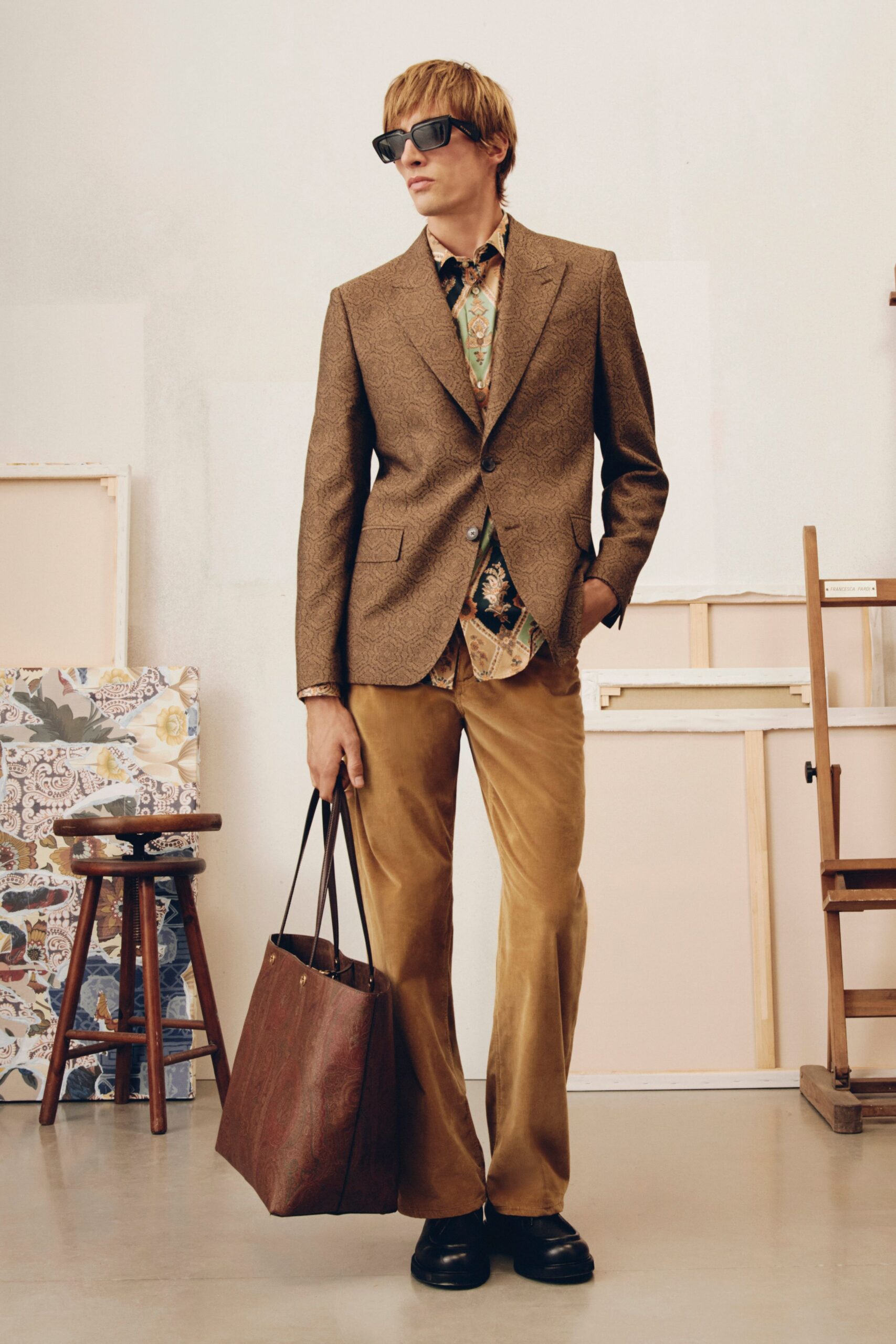 brown tweed blazer with printed shirt