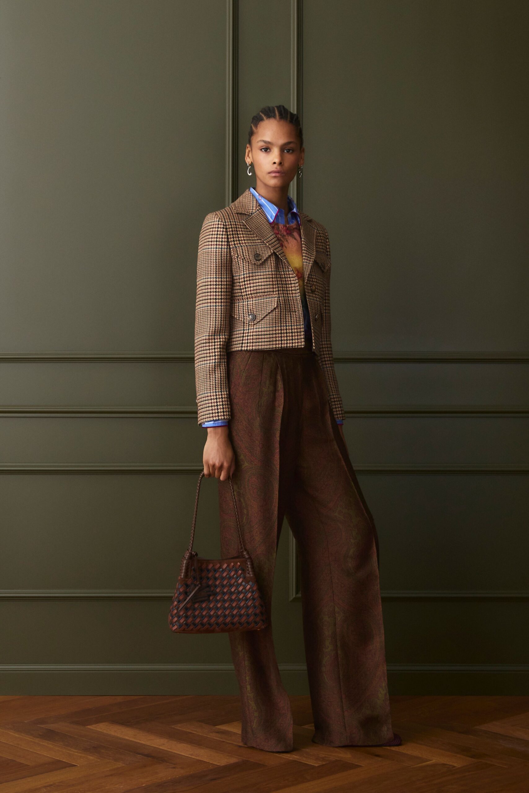 brown checked blazer with wide-leg pants