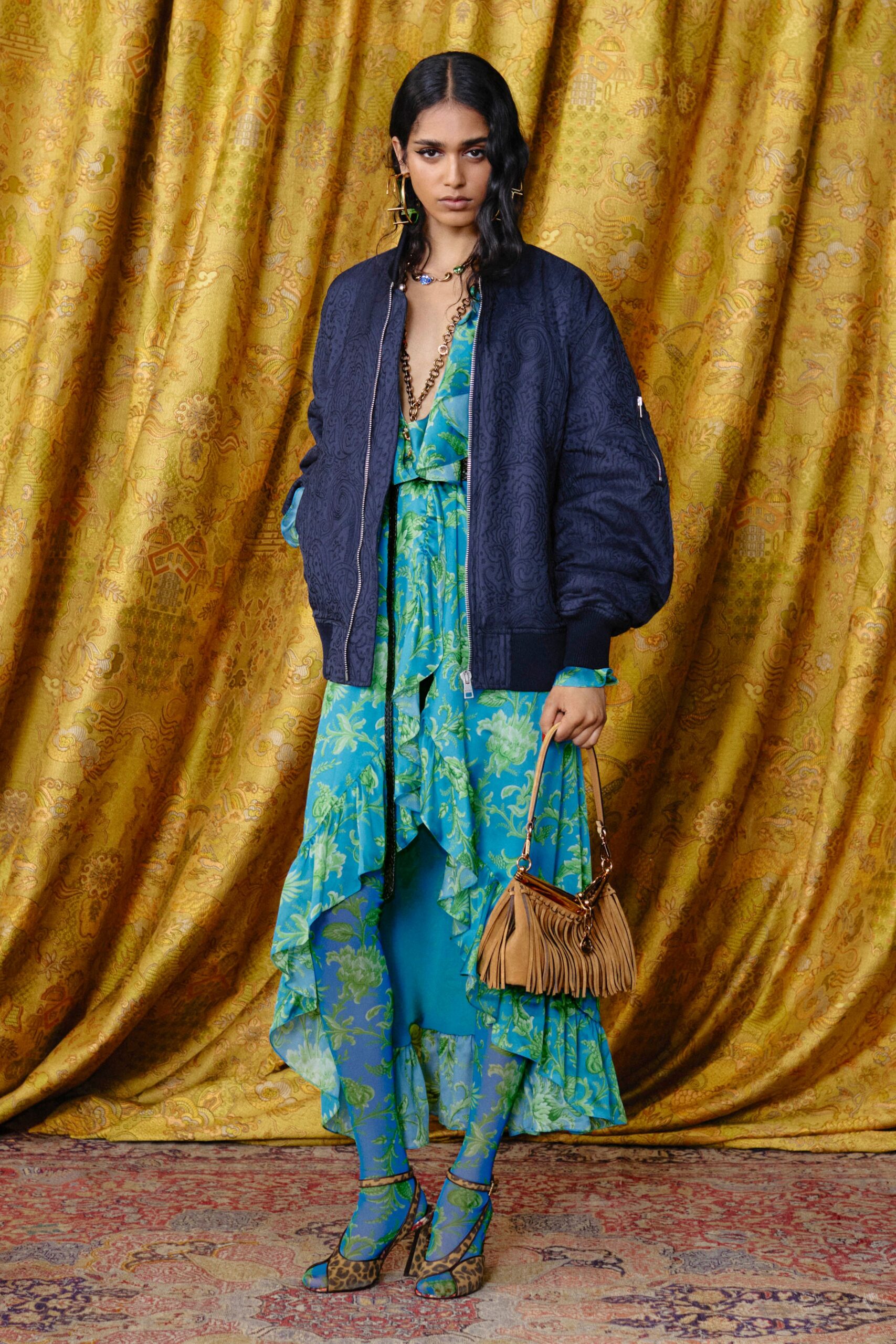 blue green midi dress with oversized jacket