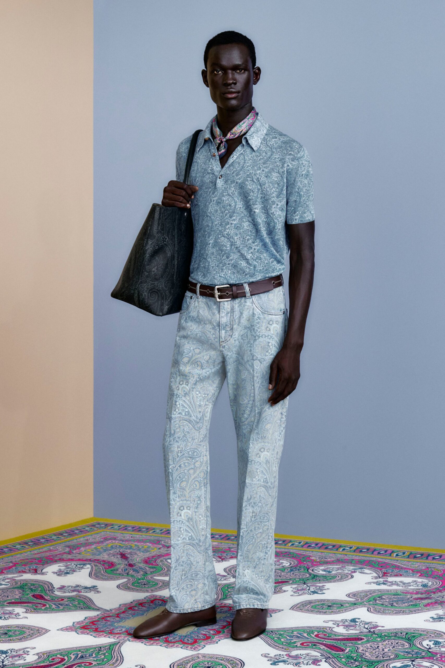 blue printed shirt with denim pants