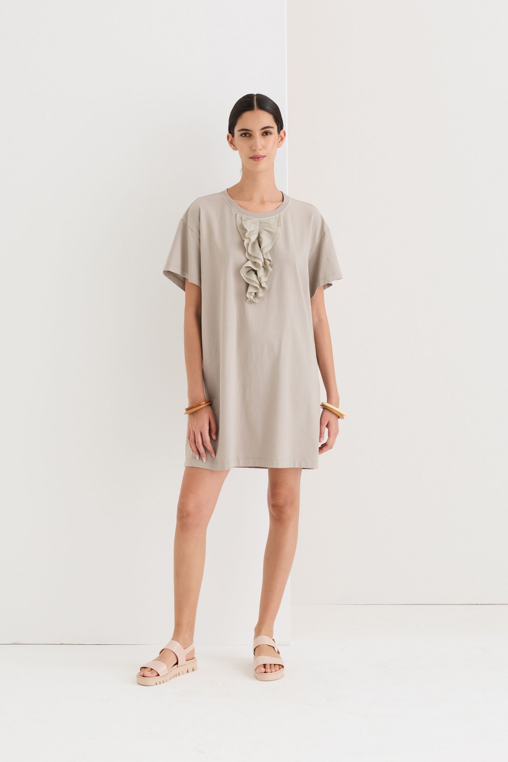 beige cotton short-sleeve collared relaxed ruffled short dress