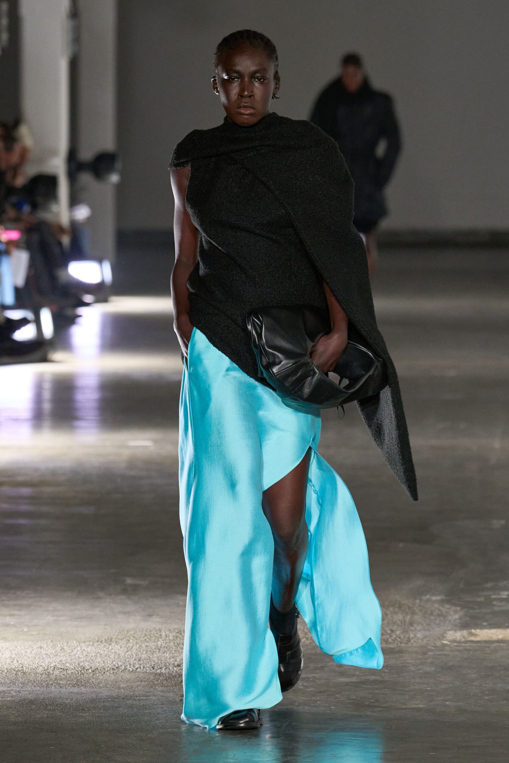 blue silk slit fitted layered flowing maxi dress