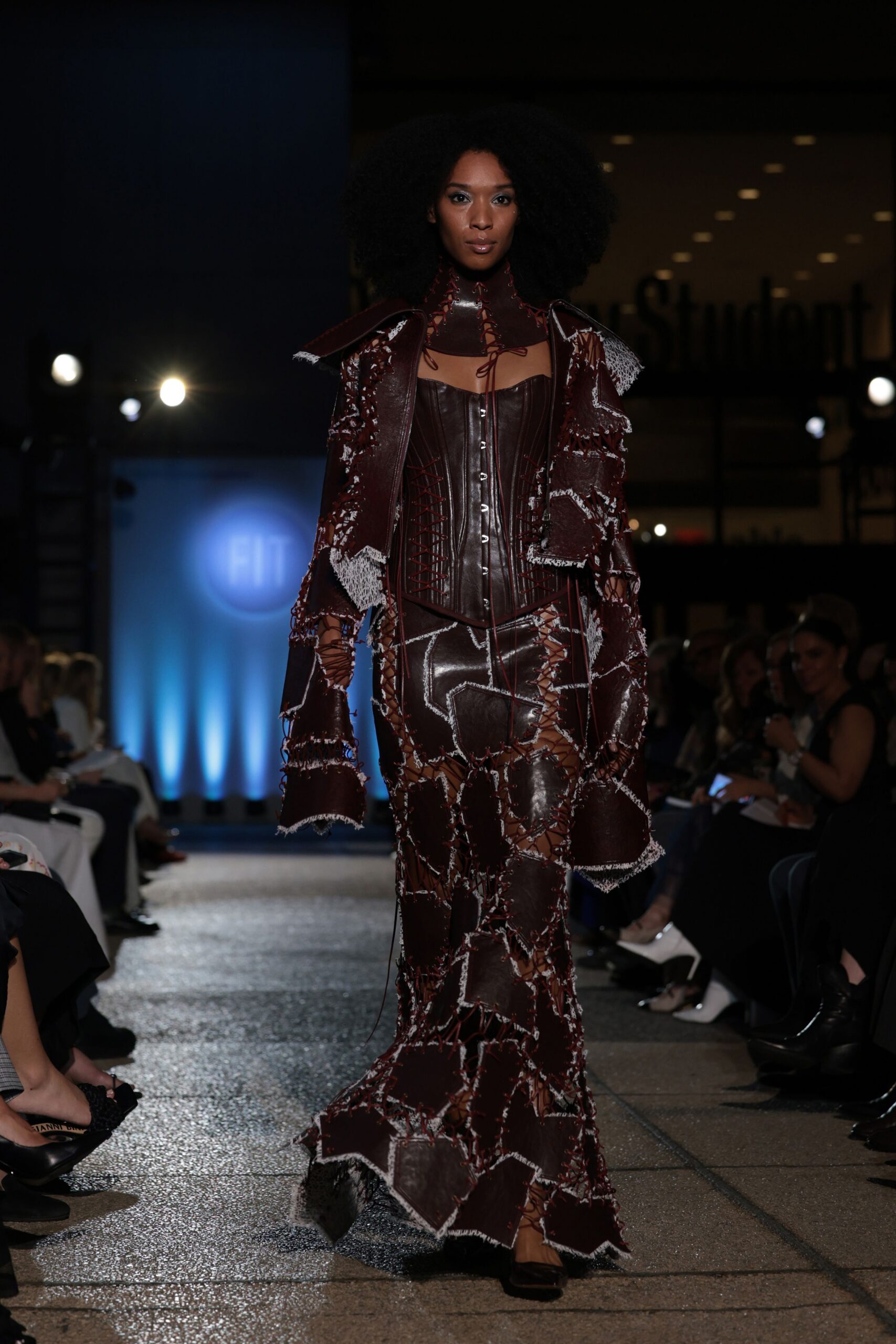 brown leather long-sleeve v-neck fitted layered zippered dress