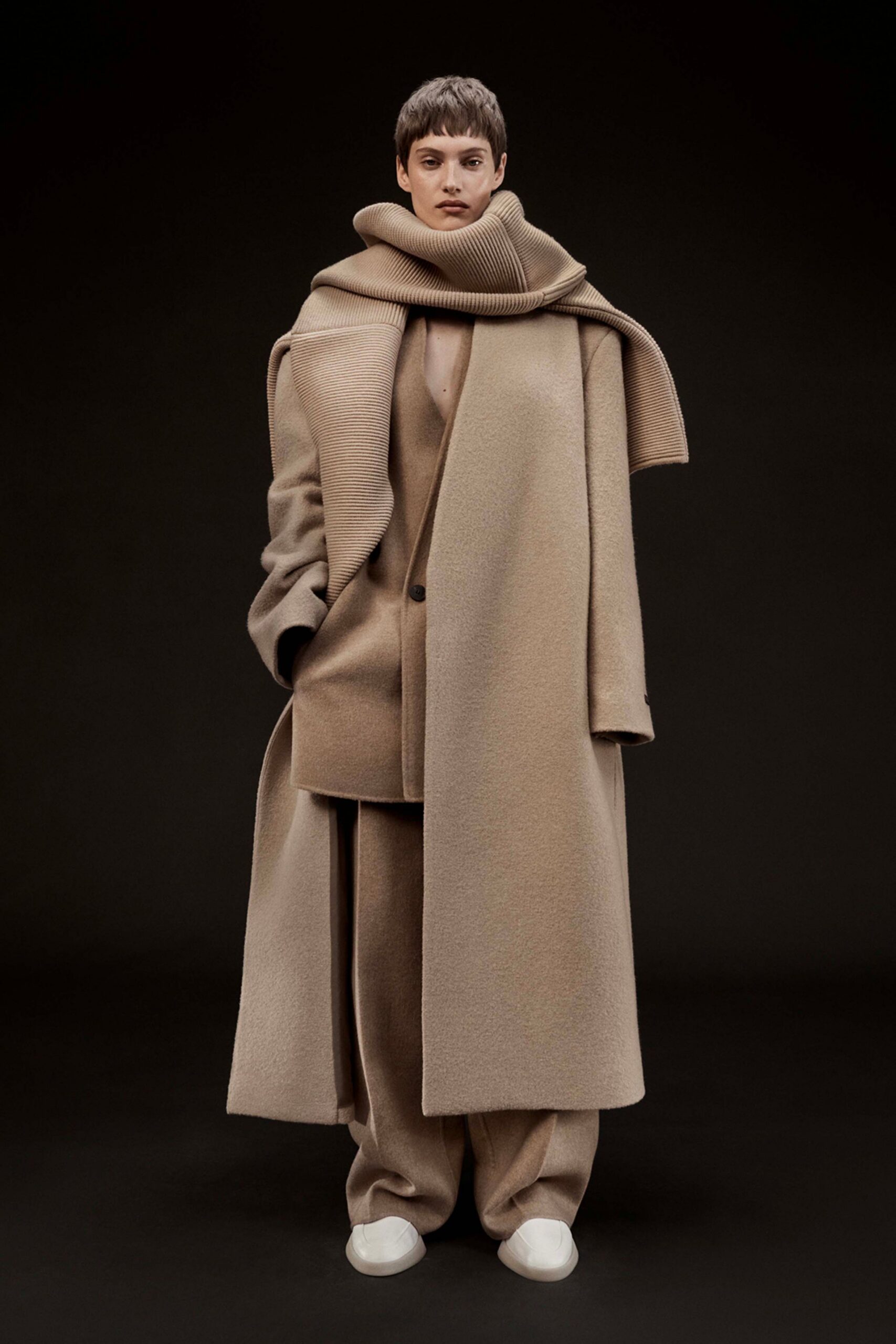 beige wool long-sleeve relaxed draped maxi coat