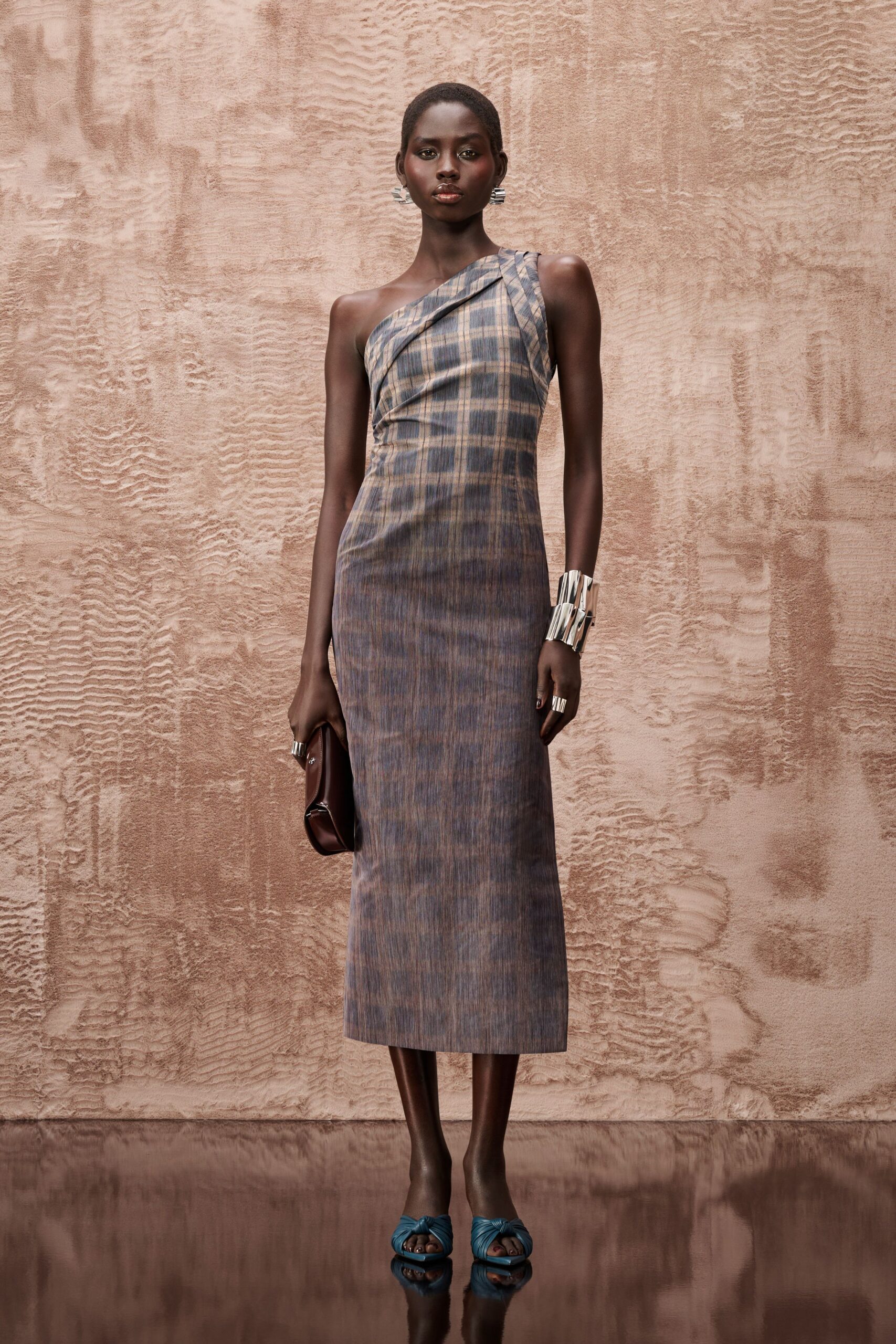 blue cotton sleeveless asymmetric fitted checked midi dress