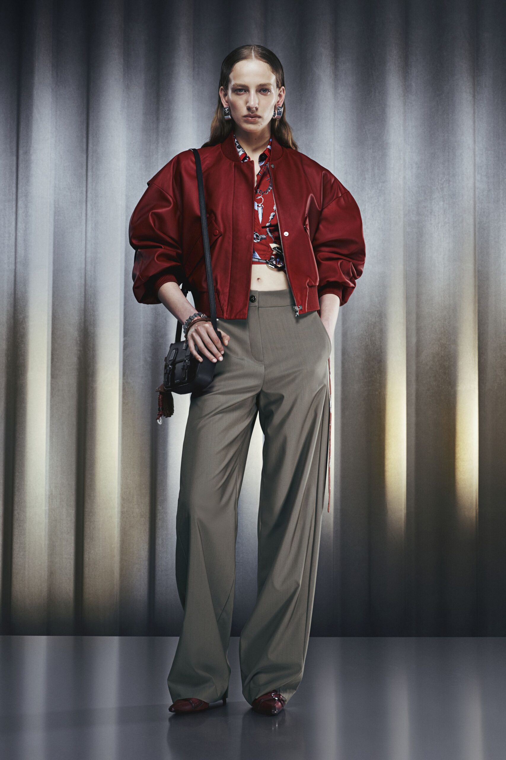 red silk short-sleeve collared relaxed zippered jacket