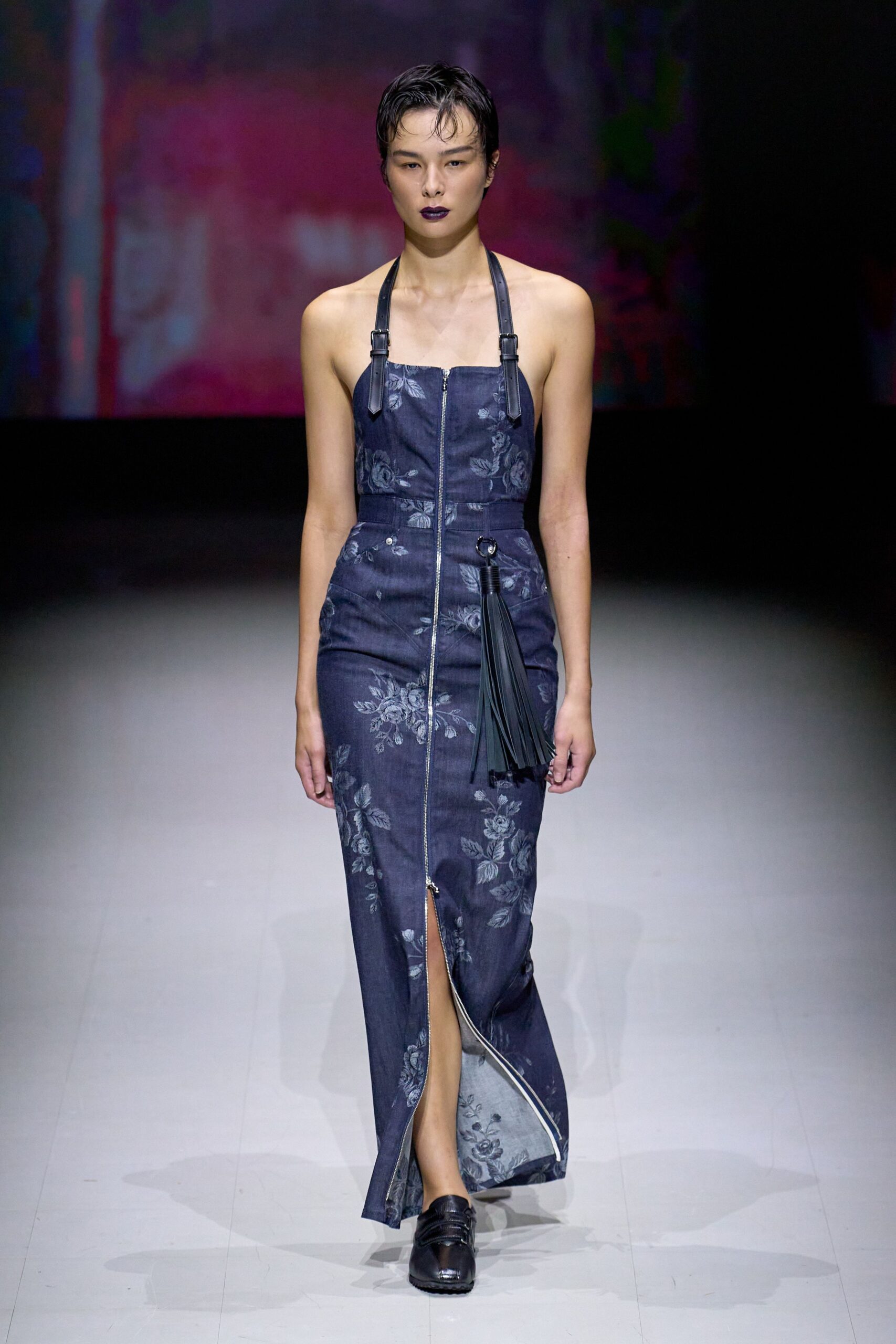blue denim sleeveless v-neck fitted embroidered maxi dress