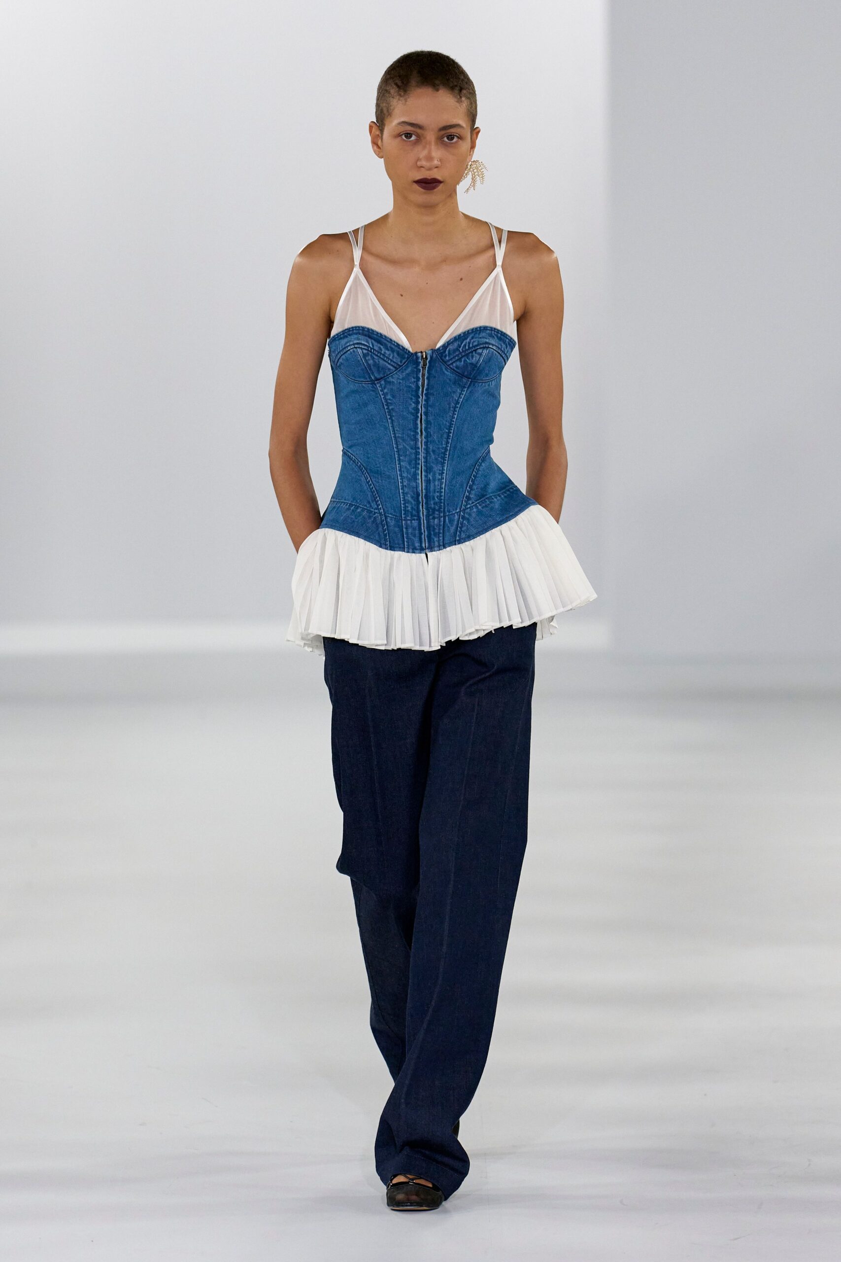 blue denim sleeveless v-neck fitted pleated corset