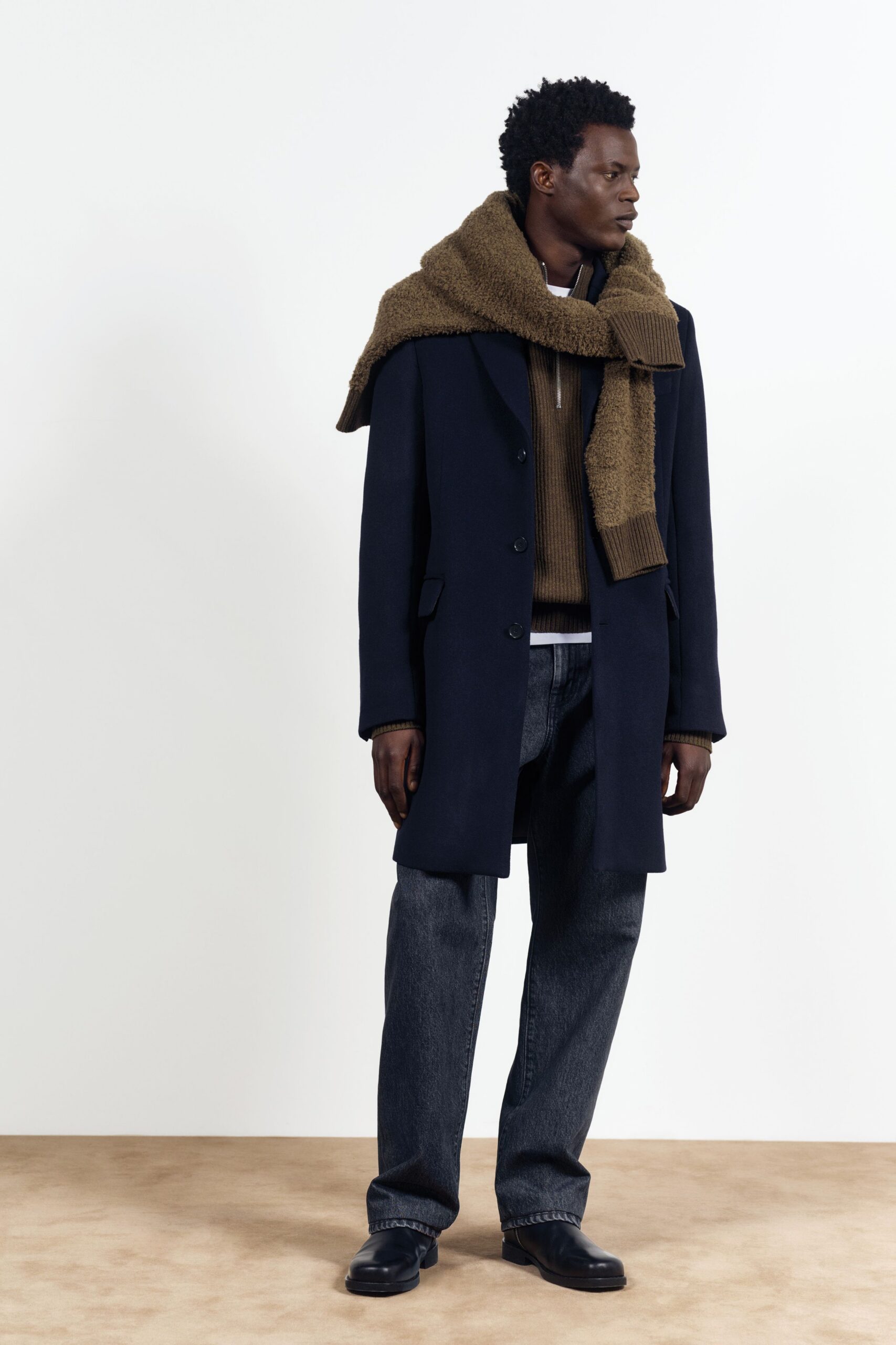 blue wool long-sleeve collared relaxed buttoned coat
