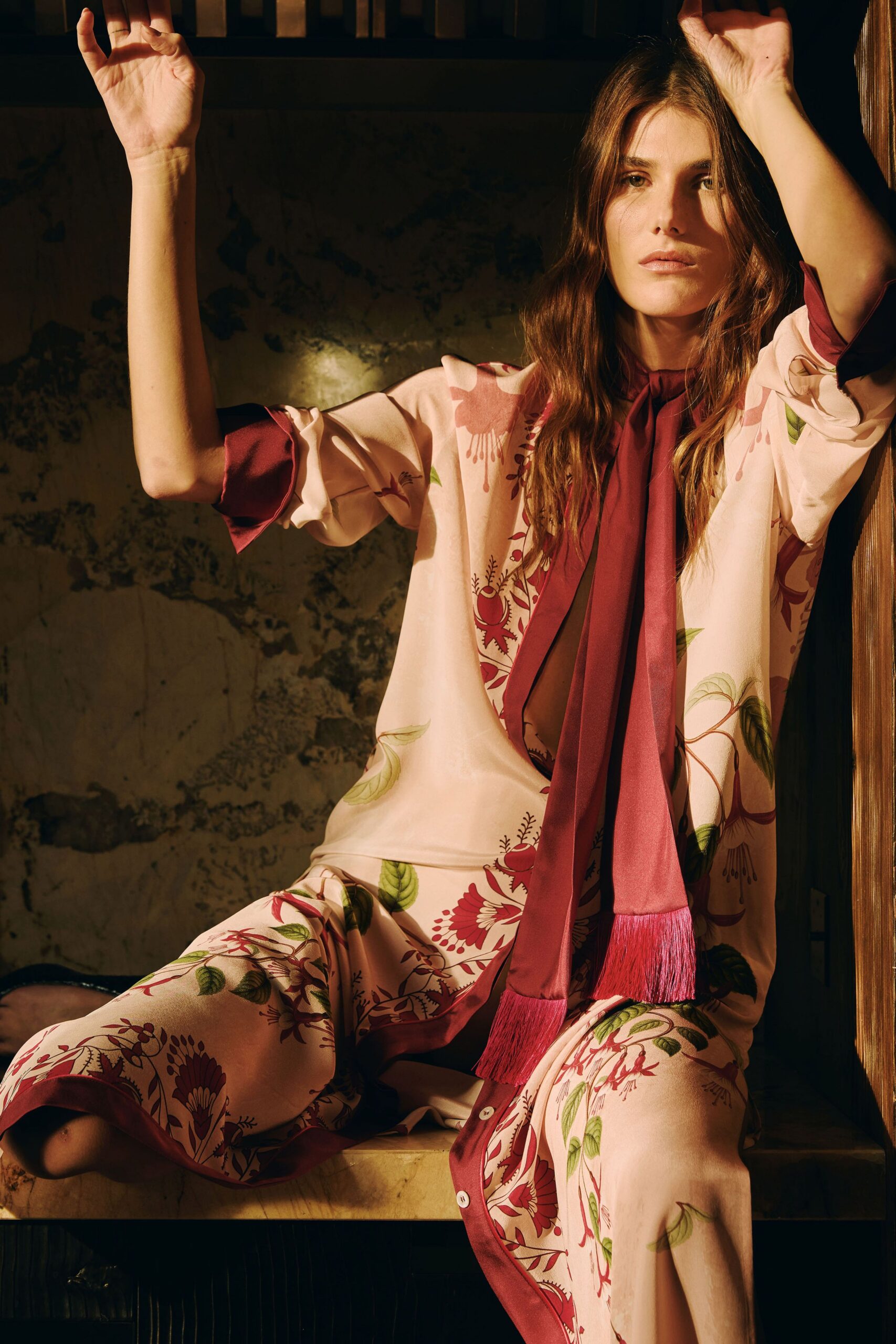 pink silk long-sleeve collared relaxed floral buttoned dress