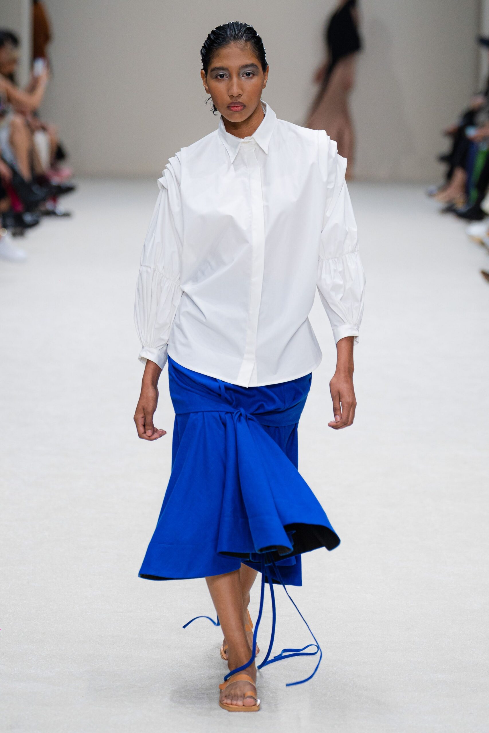 blue cotton asymmetric fitted draped skirt