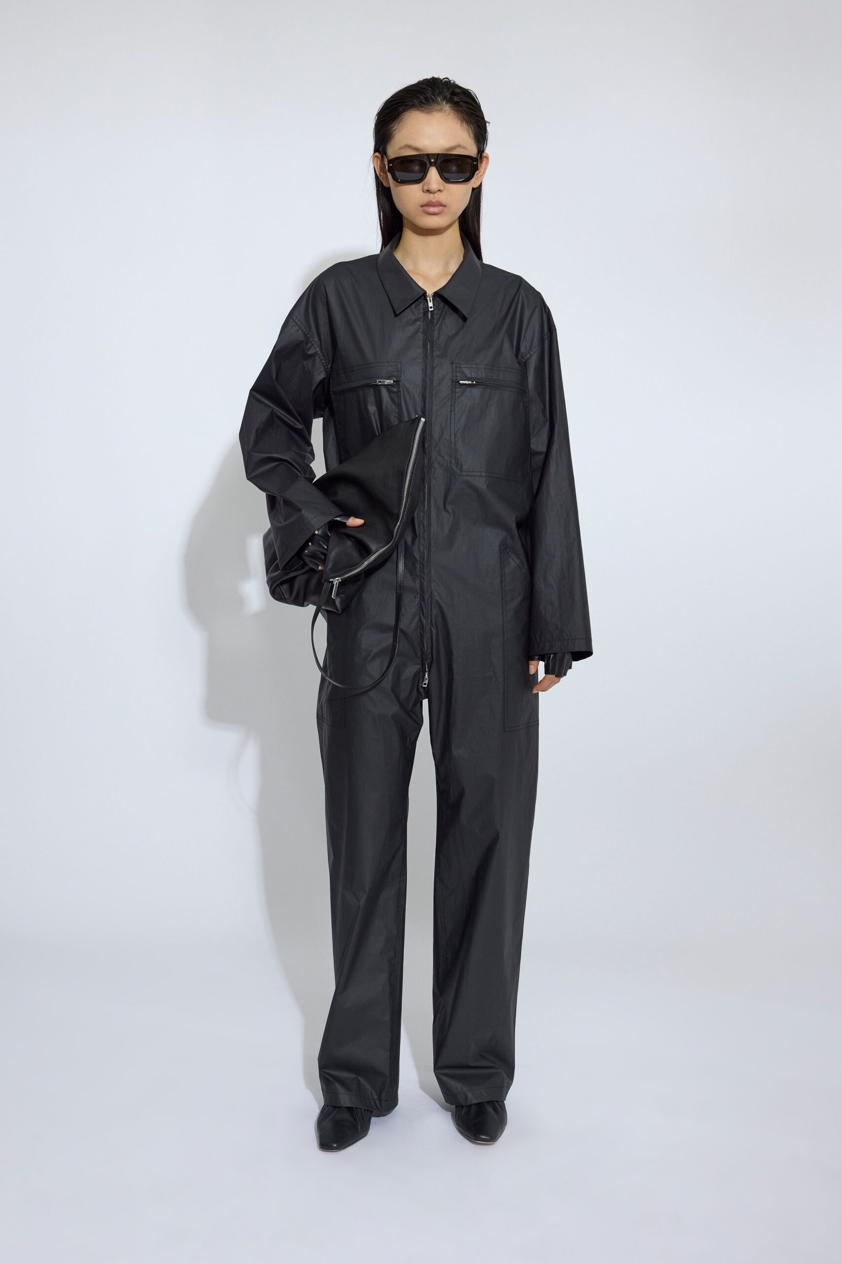 black vinyl relaxed jumpsuit