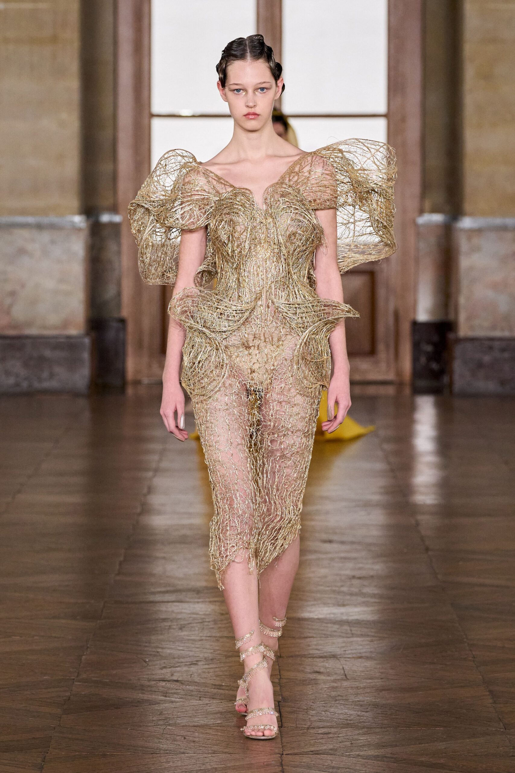 gold lace sleeveless v-neck fitted embroidered ruffled dress