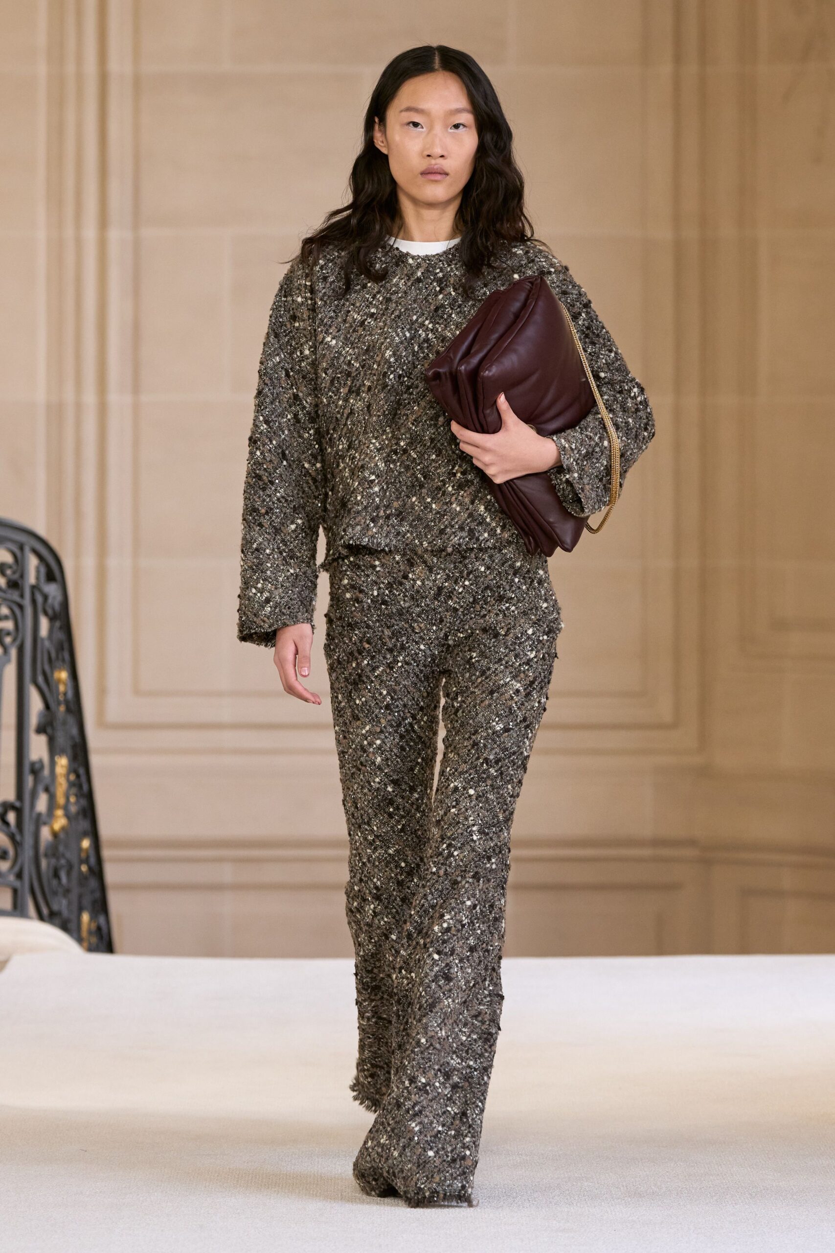 gray tweed long-sleeve collared relaxed layered top