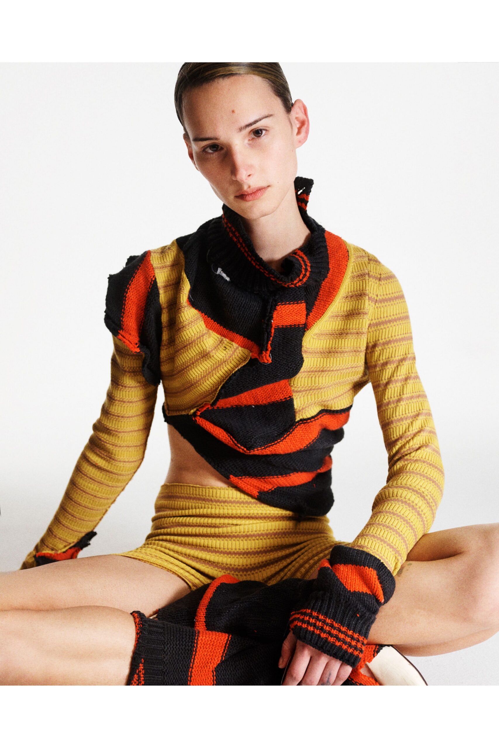 yellow cotton long-sleeve high-neck fitted ruched cropped top