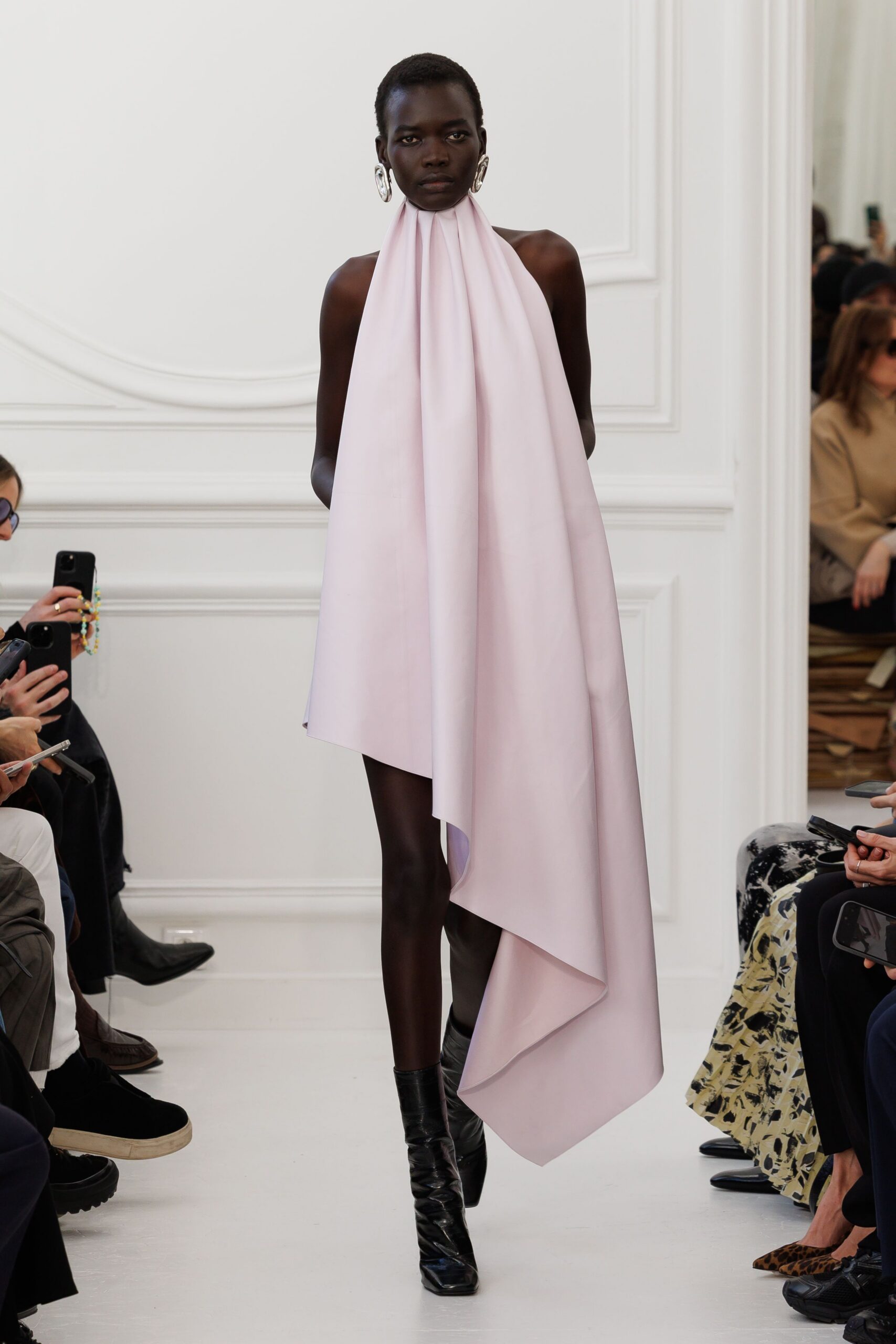pink silk sleeveless high-neck fitted draped flowing dress
