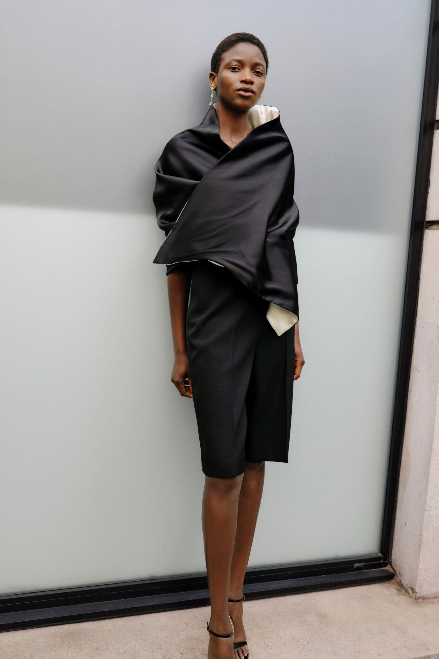 black silk top with pencil skirt