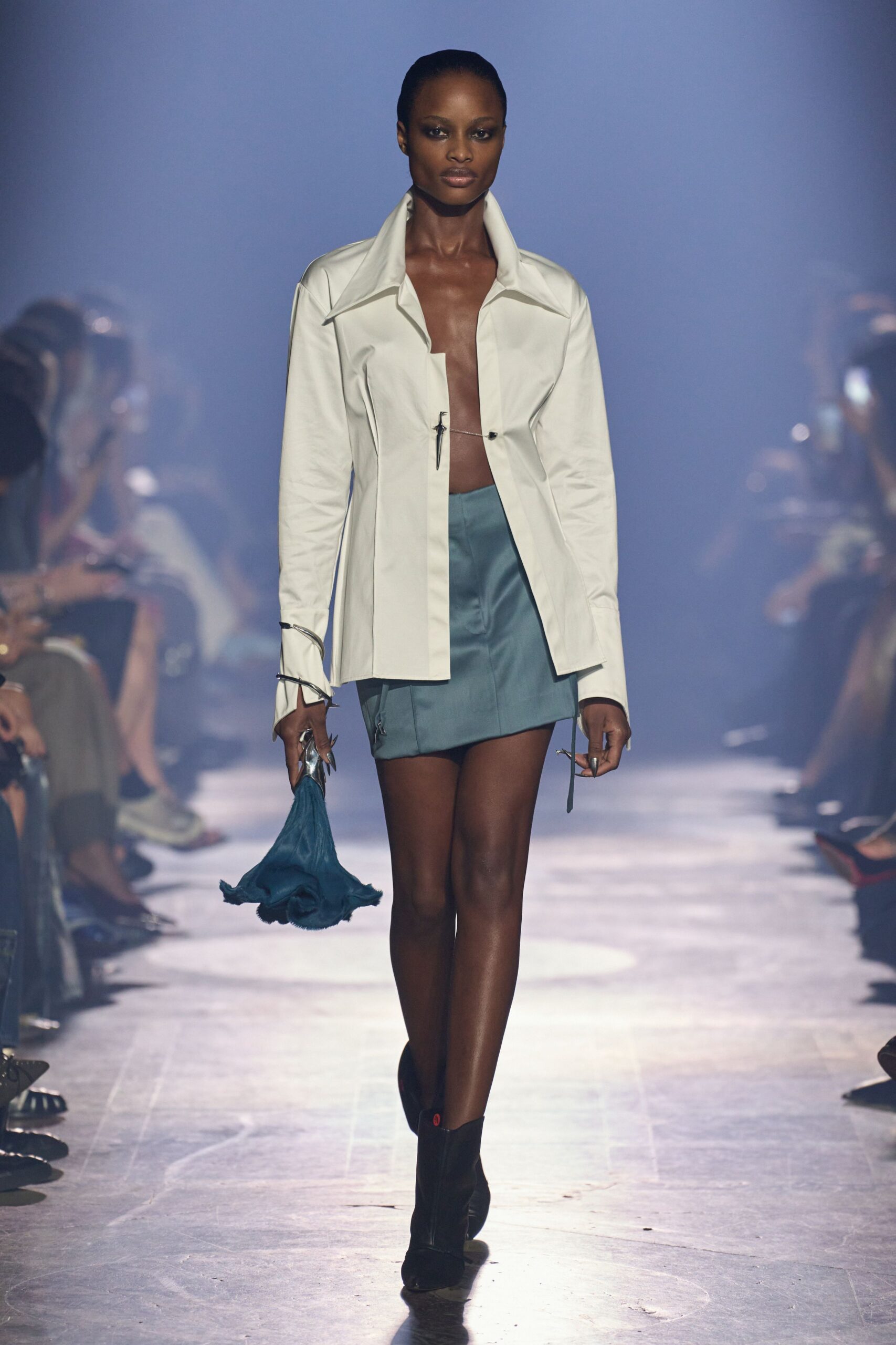 blue silk fitted zippered mini skirt