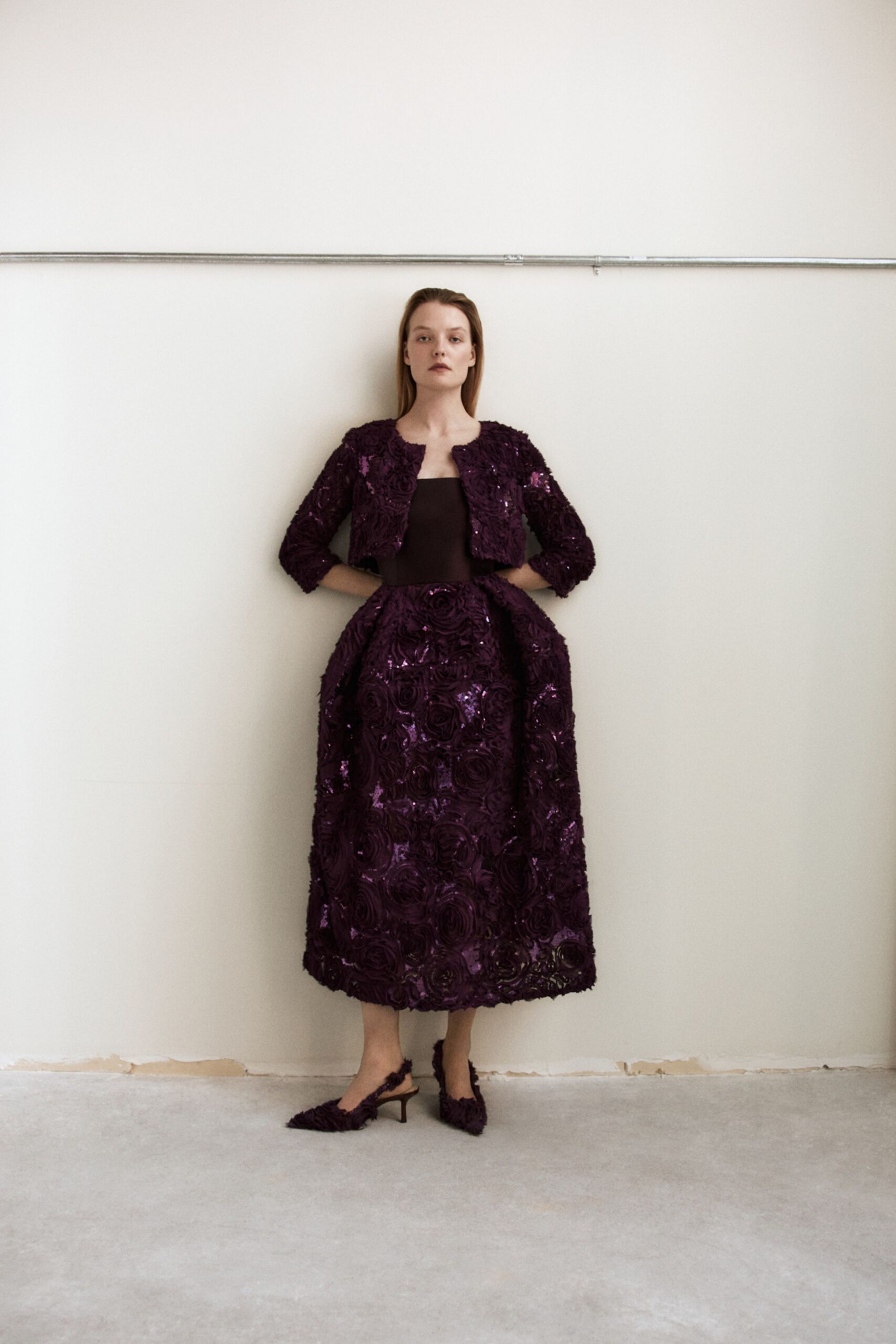 purple lace long-sleeve collared fitted embroidered jacket