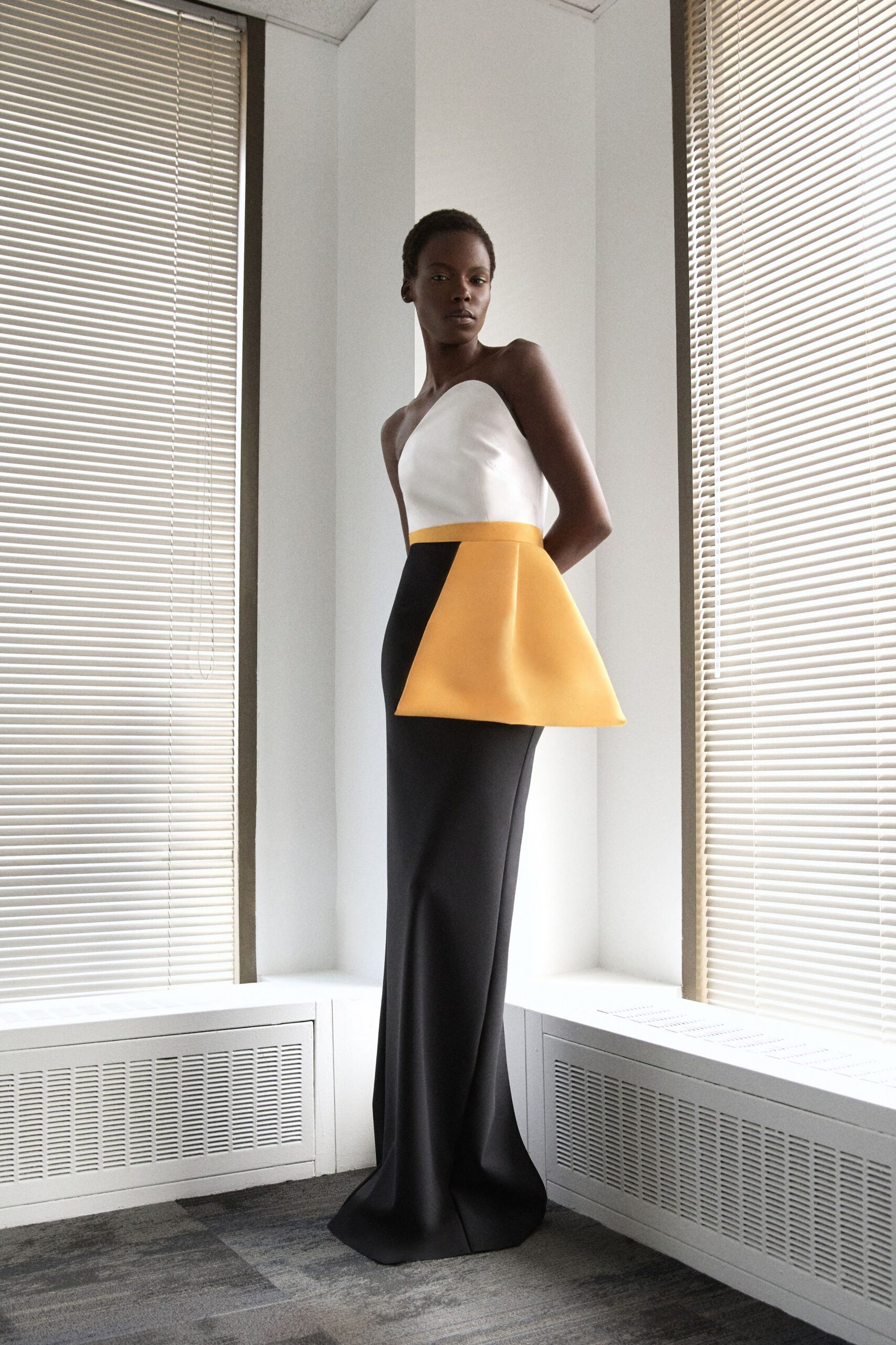 black white yellow asymmetric gown