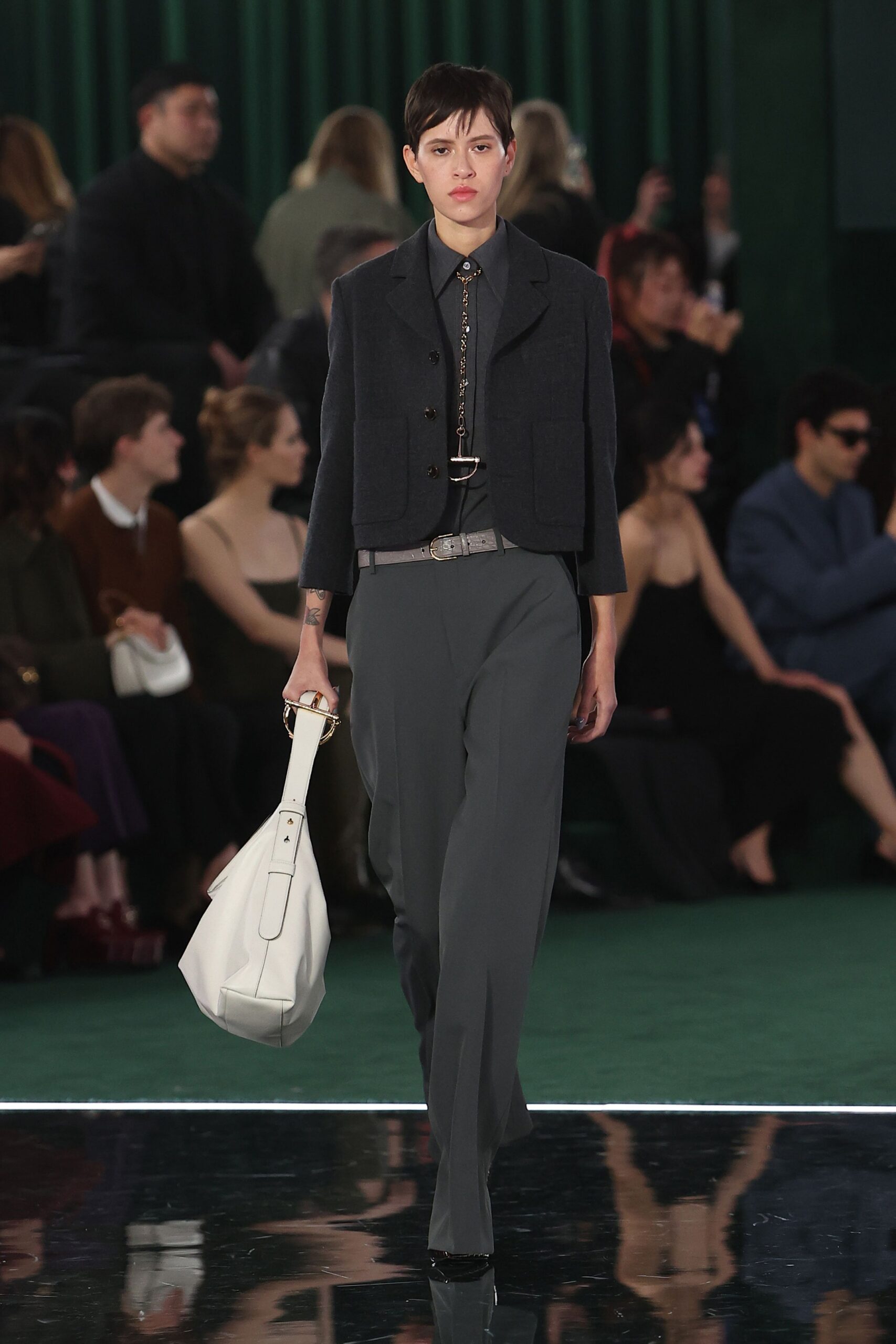gray wool tailored high-waisted straight-leg pants