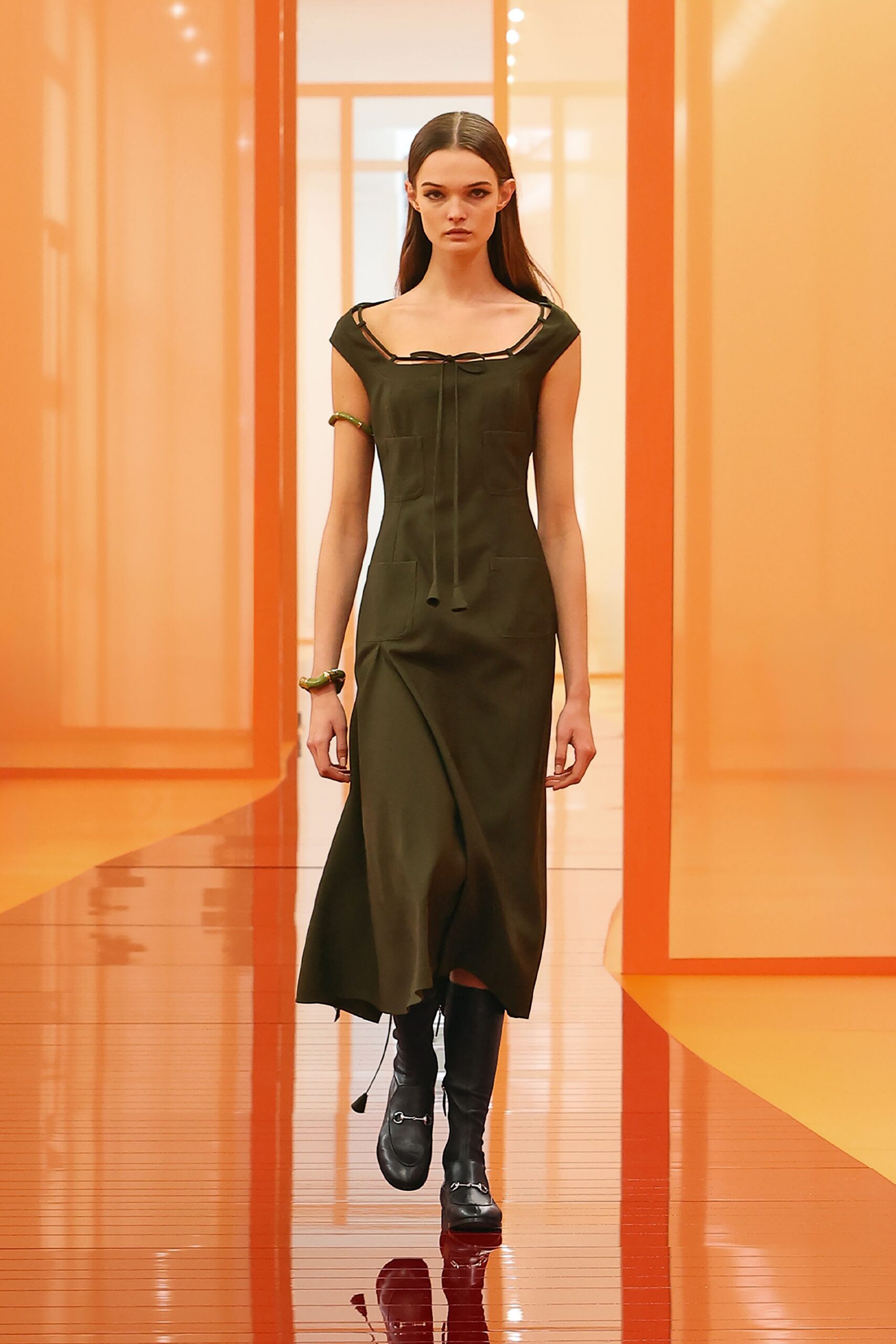 green cotton sleeveless square-neck fitted draped midi dress