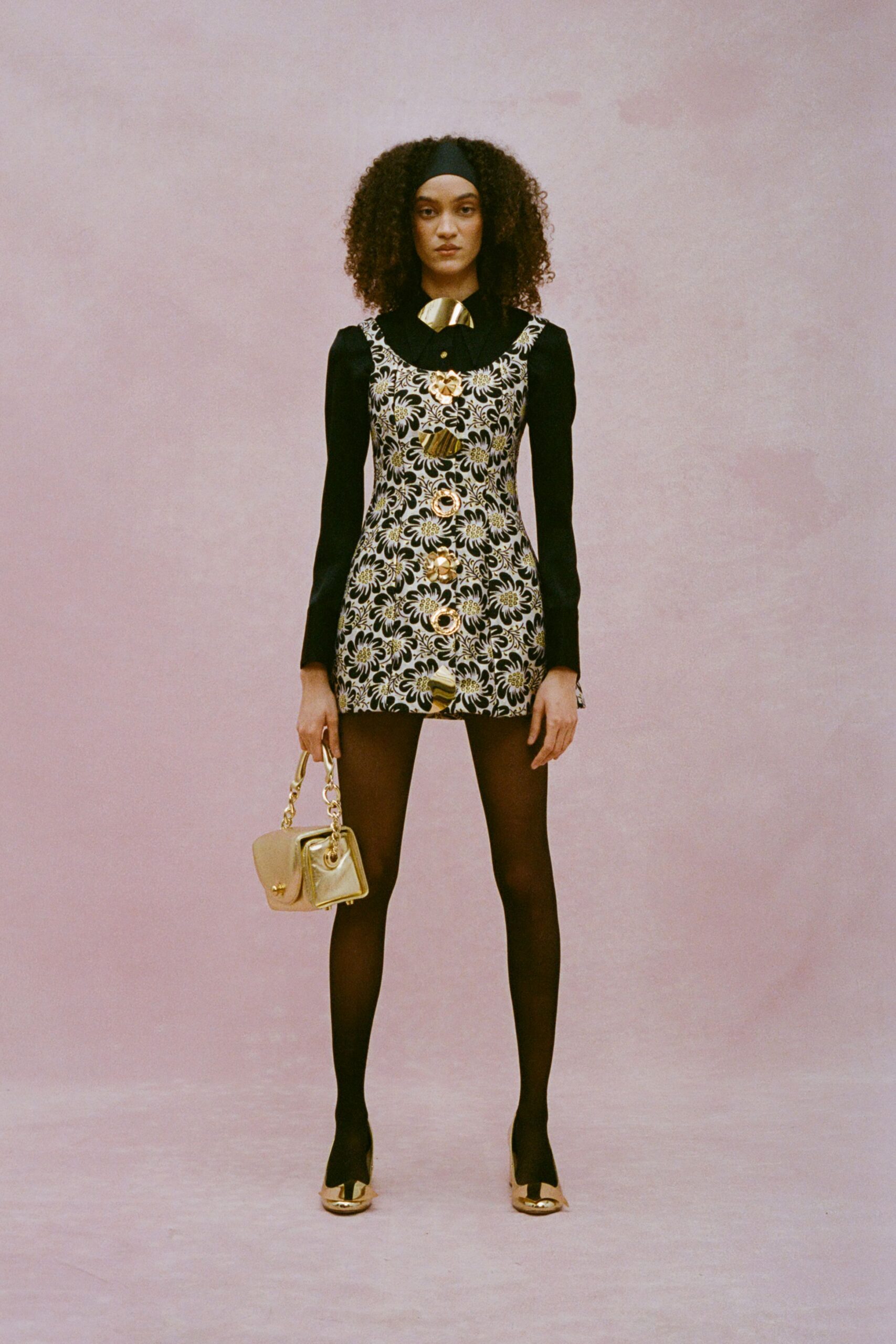black cotton long-sleeve collared fitted floral buttoned mini-dress