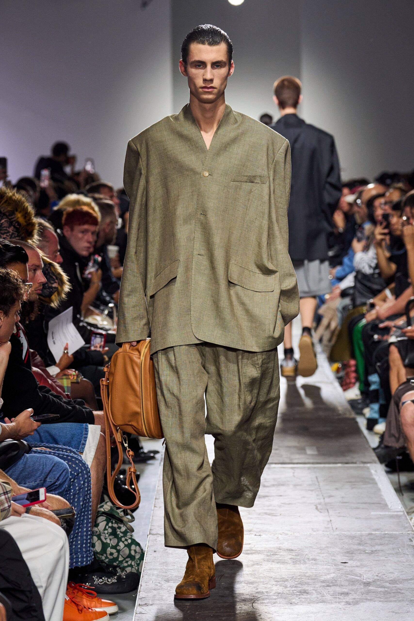 green cotton long-sleeve collared oversized layered jacket