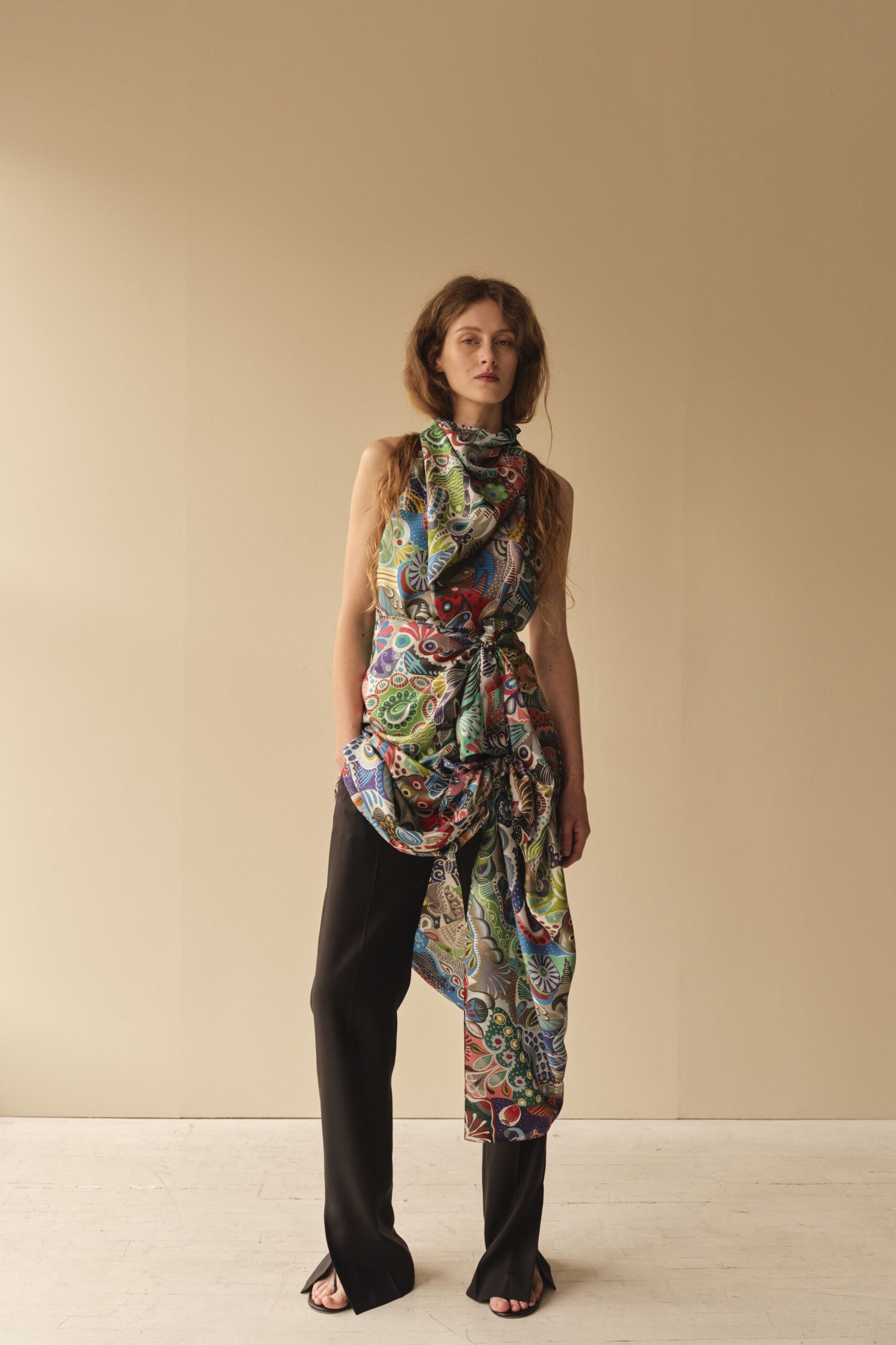 multi silk sleeveless fitted draped top