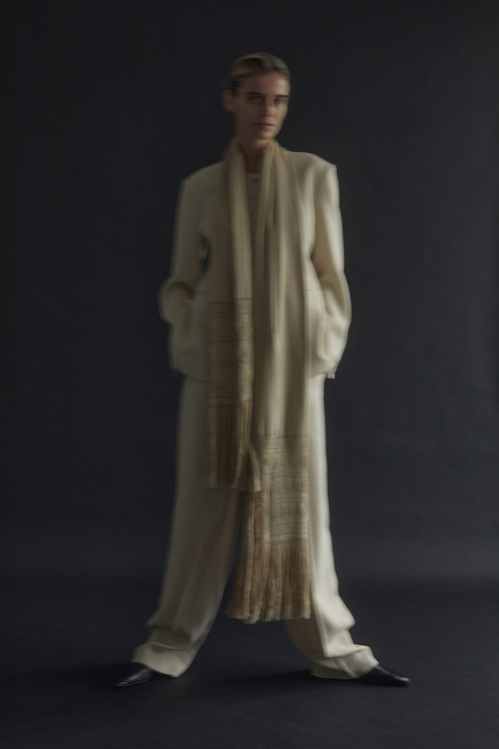 beige wool long-sleeve collared relaxed jacket