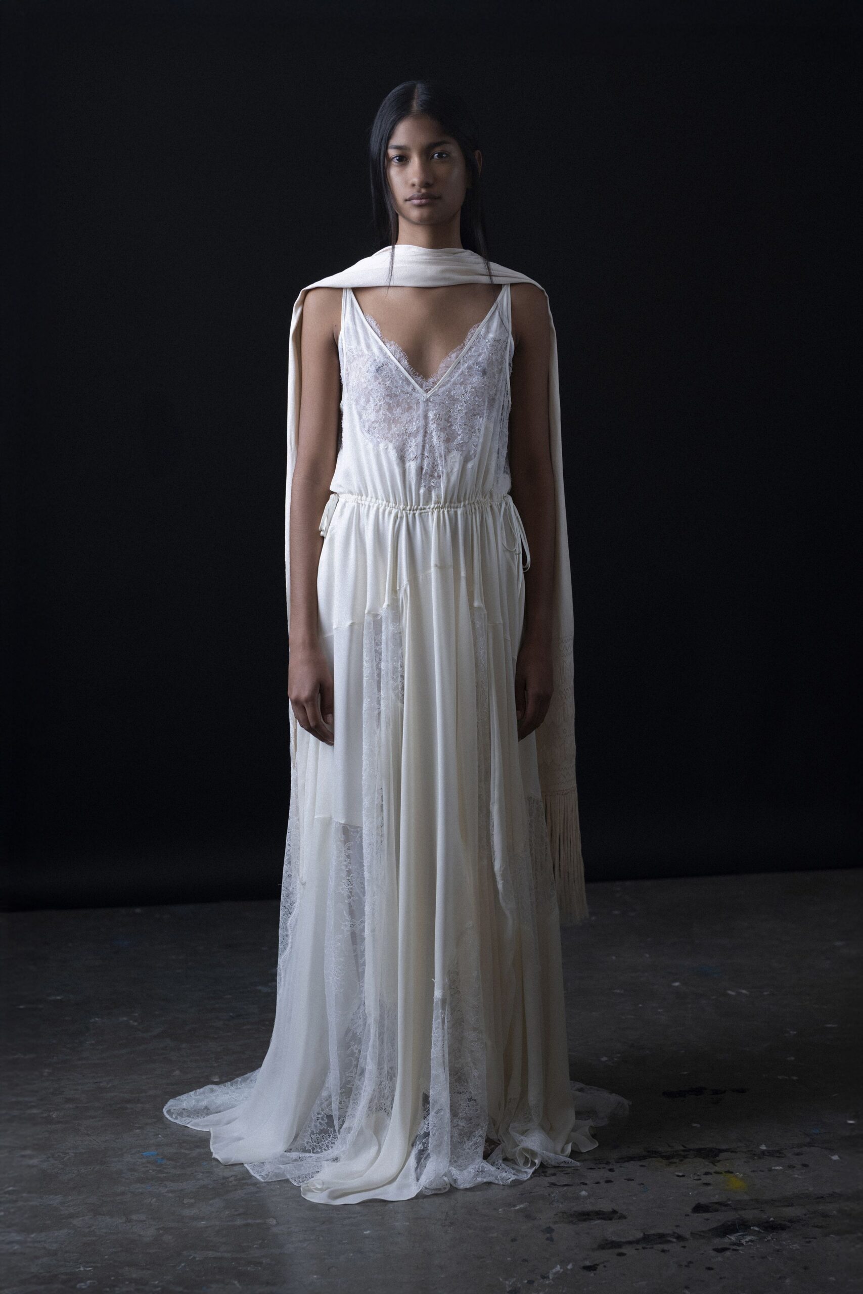 white lace flowing gown